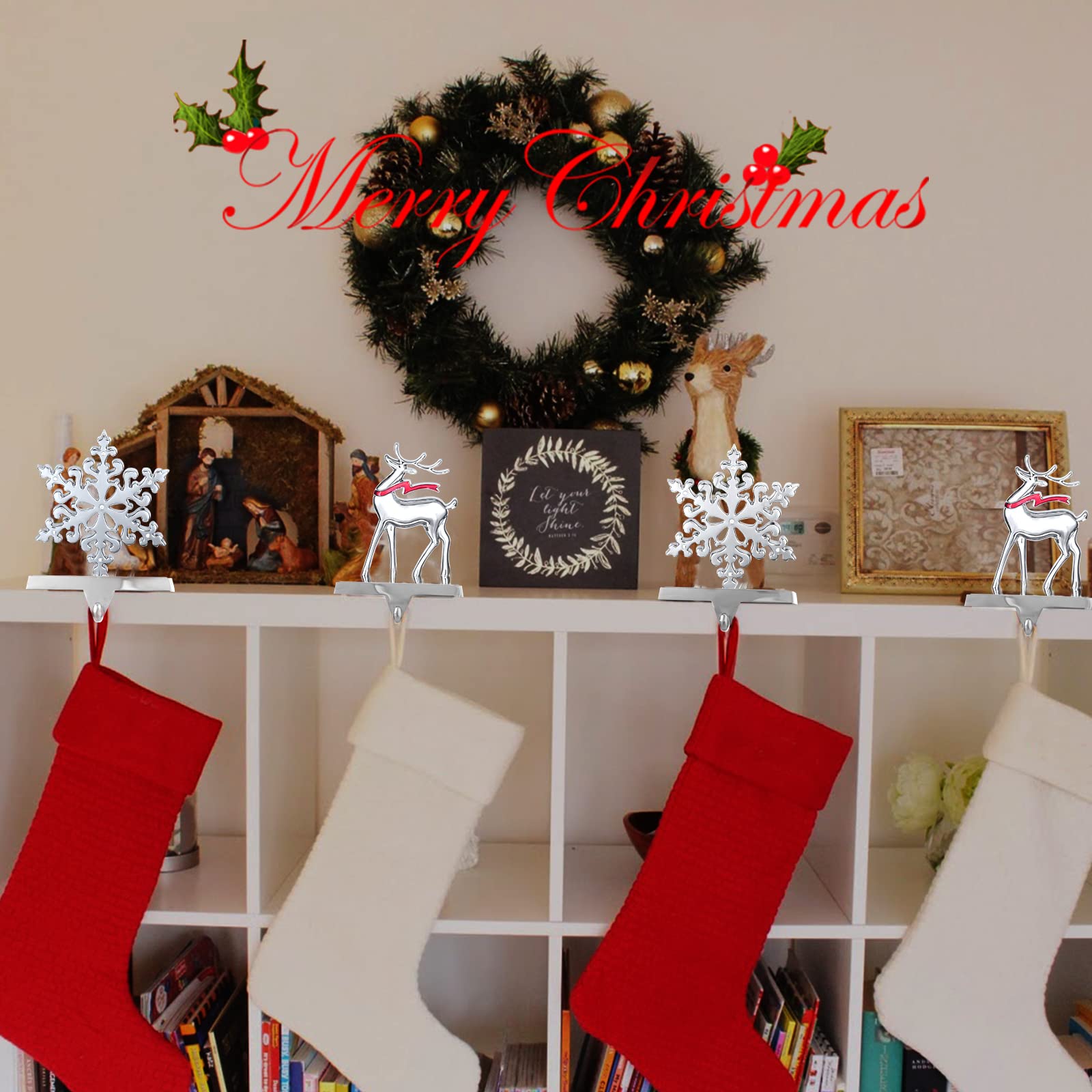 Christmas Stocking Holders, Set Of 2 Snowflake & Reindeer Silver Stocking Holder, Weighted Personalized Christmas Stockings Hang