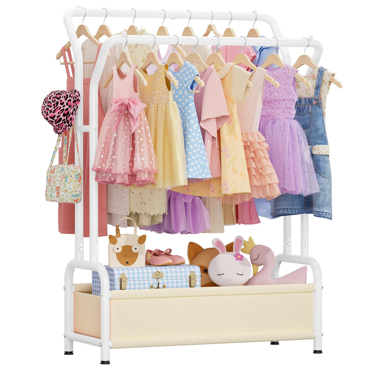 ZHKINGGS Kids Clothing Rack with Double Hanging Rods and Storage Basket