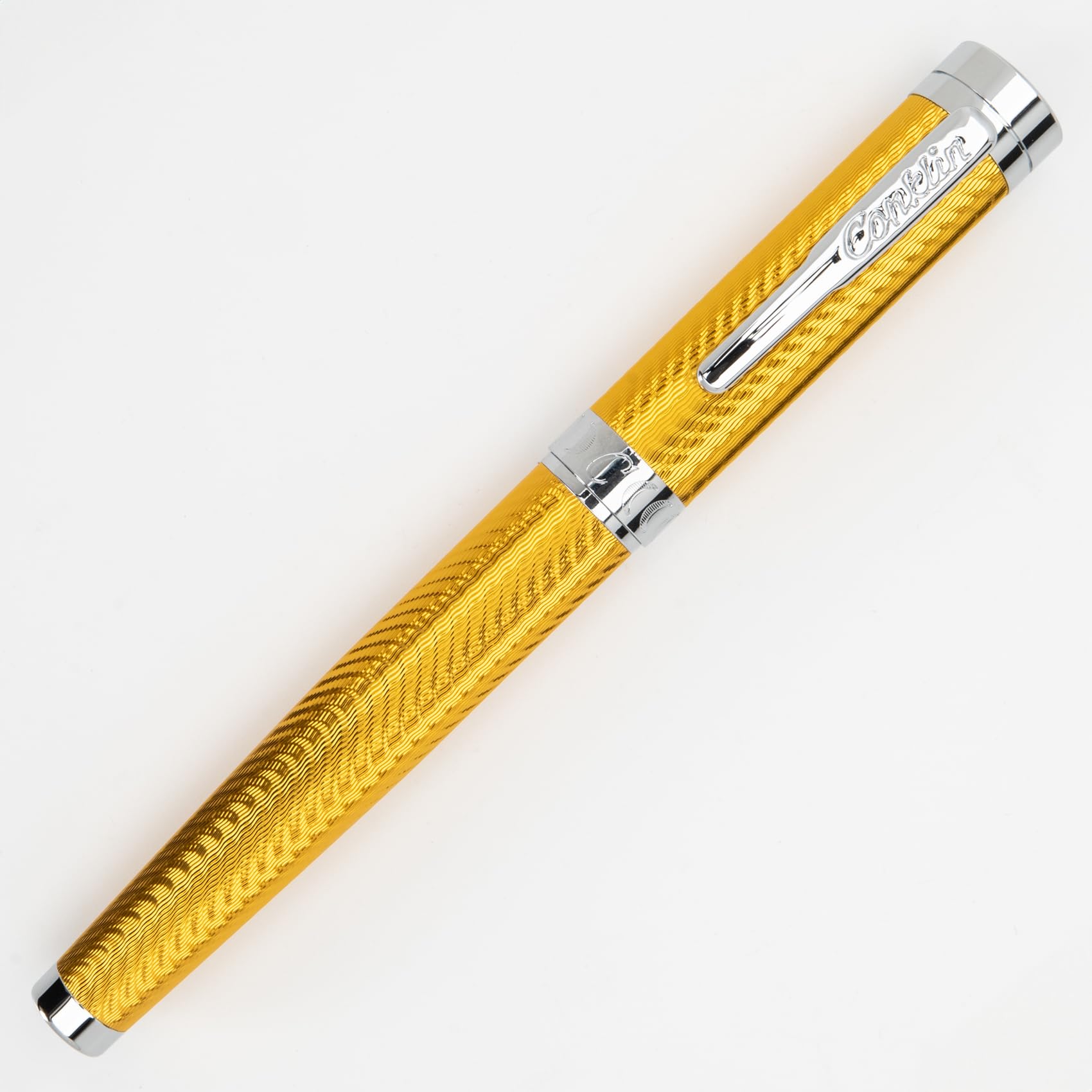 Conklin Herringbone Signature Rollerball Pen - Yellow With Chrome Trim, Stylish Engraved Design, Smooth Writing, Refillable, Ide