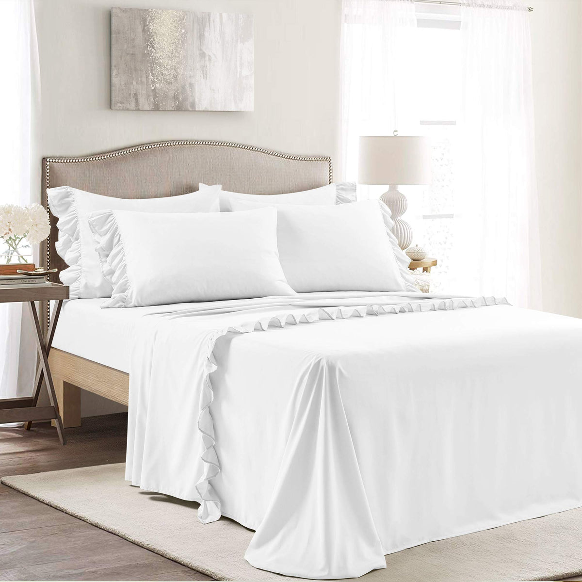 Lush Decor Reyna Ruffle Sheet Set, 6 Piece Set, Full, White - Soft & Comfortable Sheets With Ruffles - Classic Elegant Bed Sheet