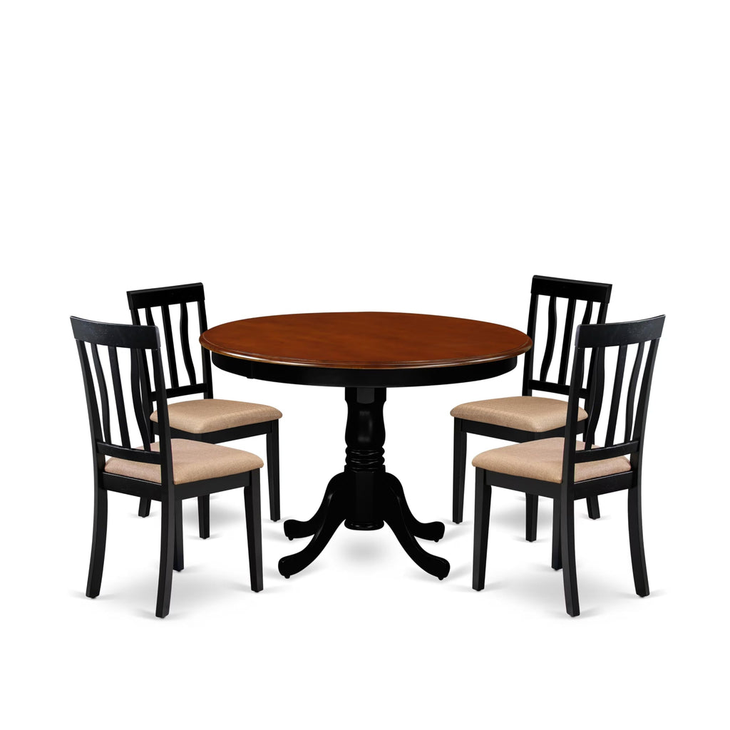 East West Furniture HLAN5-BCH-C 5 Piece Kitchen Table Set for 4 Includes a Round Dining Room Table with Pedestal and 4 Linen Fabric Upholstered Dining Chairs, 42x42 Inch, Black & Cherry