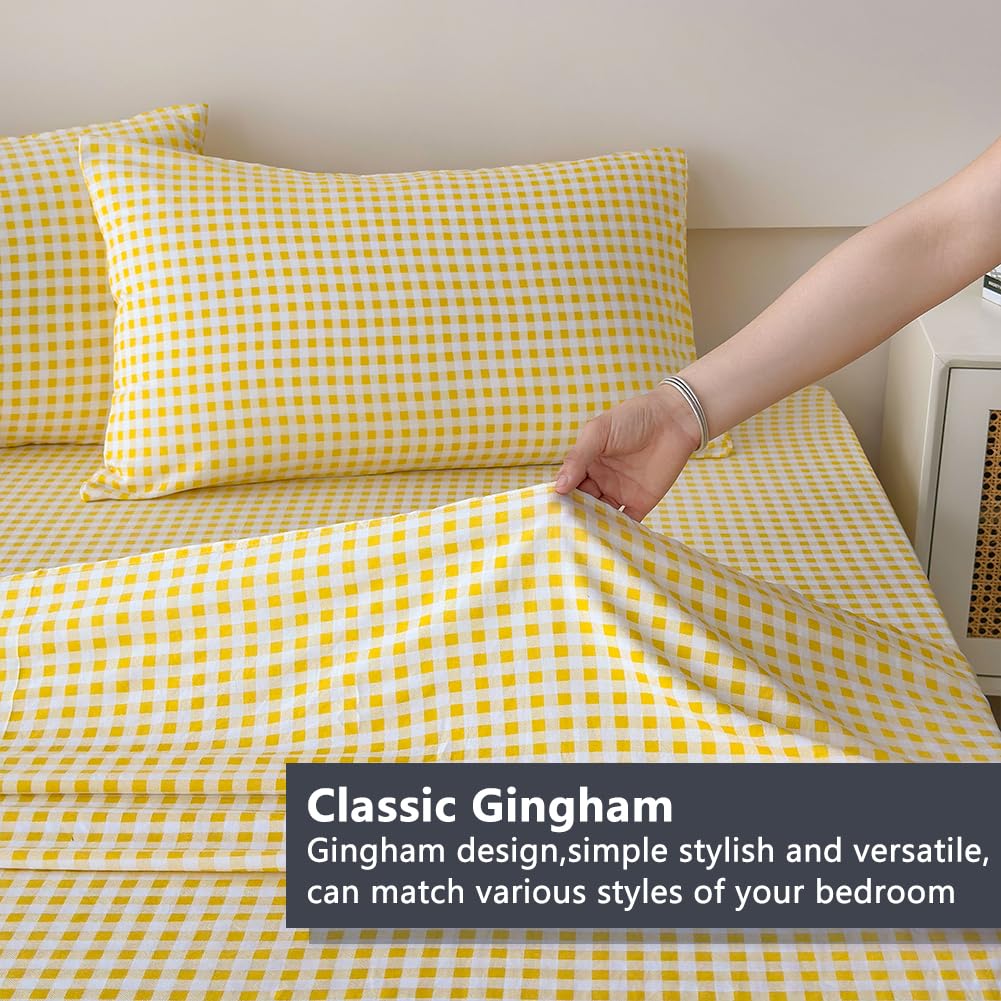 Nsnlgsgc Yellow Gingham Twin Sheet Set, Soft Brushed Microfiber Yellow Plaid Twin Bed Sheets, 3-Pieces Sheet Set With Deep Pocke