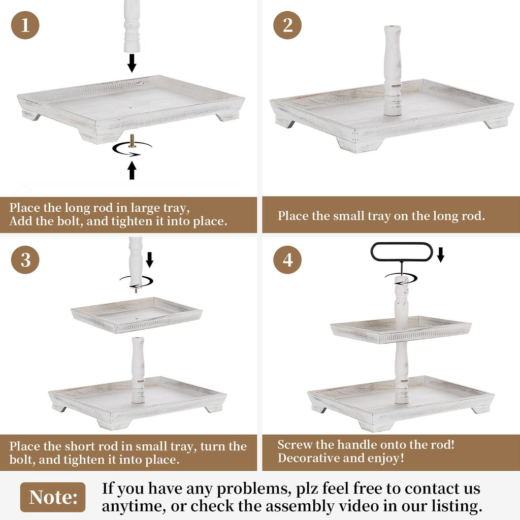 Hanobe Farmhouse Tiered Tray Stand: Rustic White Wood 2 Tier Serving Tray Decor Two Rectangle Wooden For Kitchen Counter Centerp