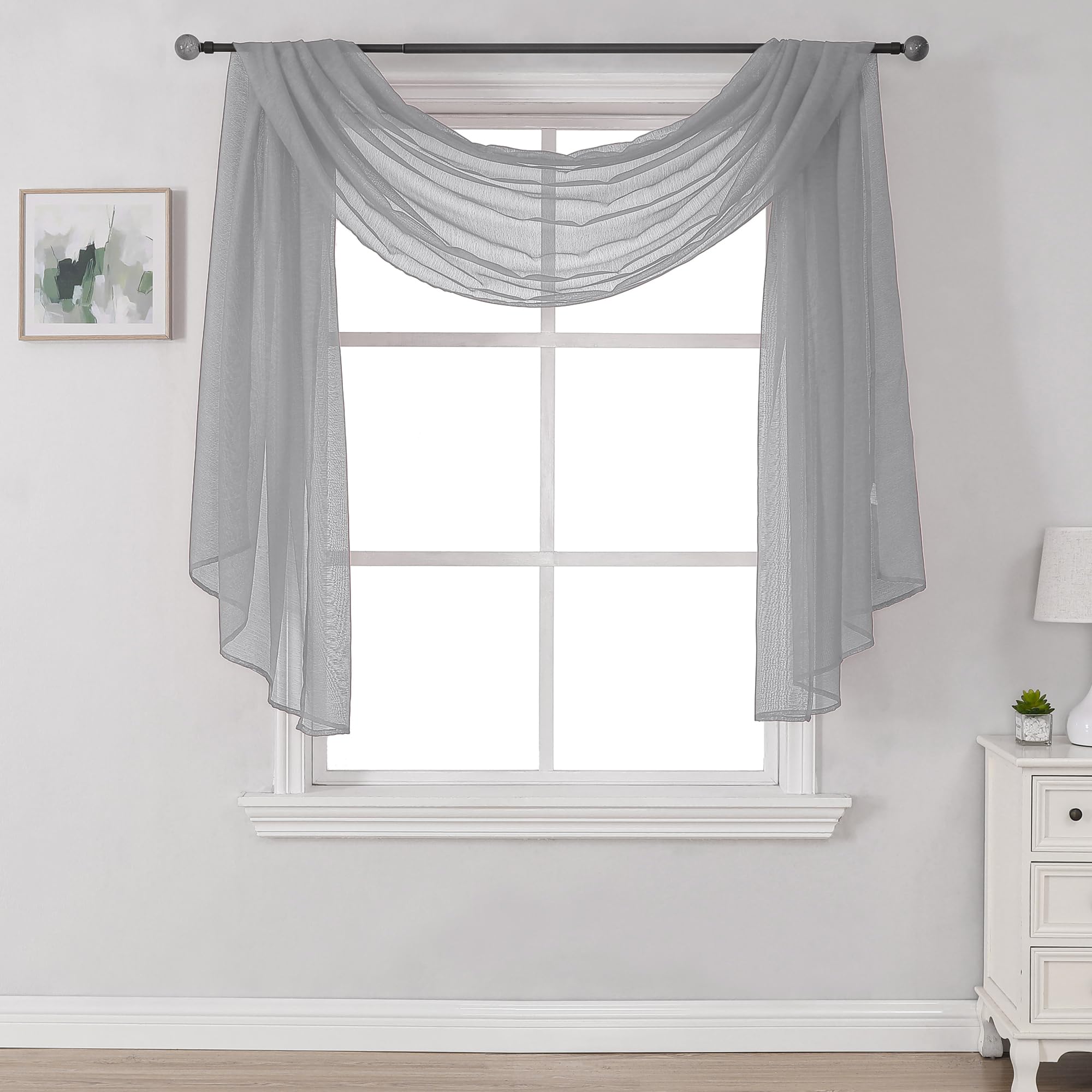 DONREN 144 Inches Long Window Scarf Valances for Party - Luxury Soft Gray Semi Sheer Curtain Scarf for Window,1 Panel (Gray,1 Pa