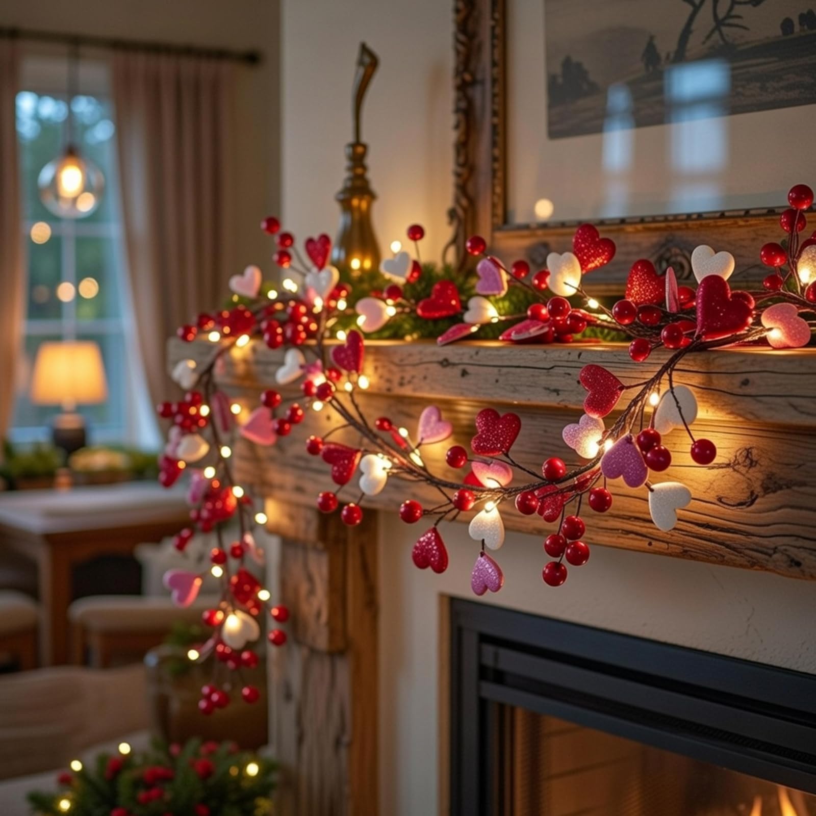 Jutom 6 ft Valentine's Day Garland for Mantel with String Lights Red Pink Berry Glitter Heart Garland Battery Operated Centerpie