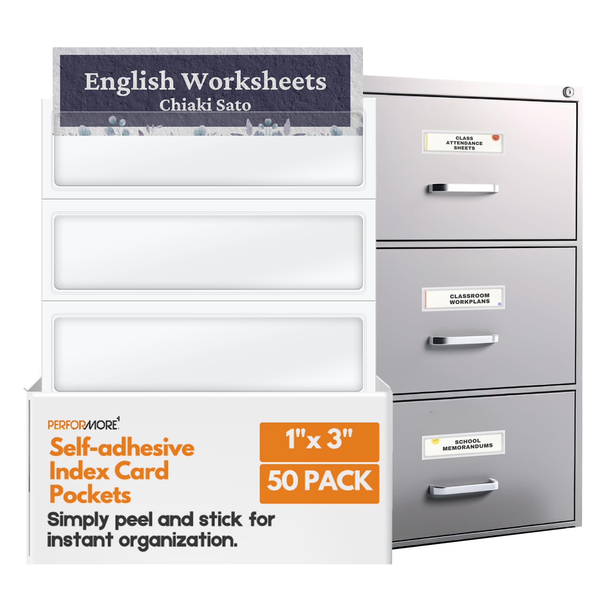 Performore 50-Pack Self-Adhesive Index Card Pockets - 1X3 Inch Clear Plastic Sleeves For Labeling, Organizing, And Office Use