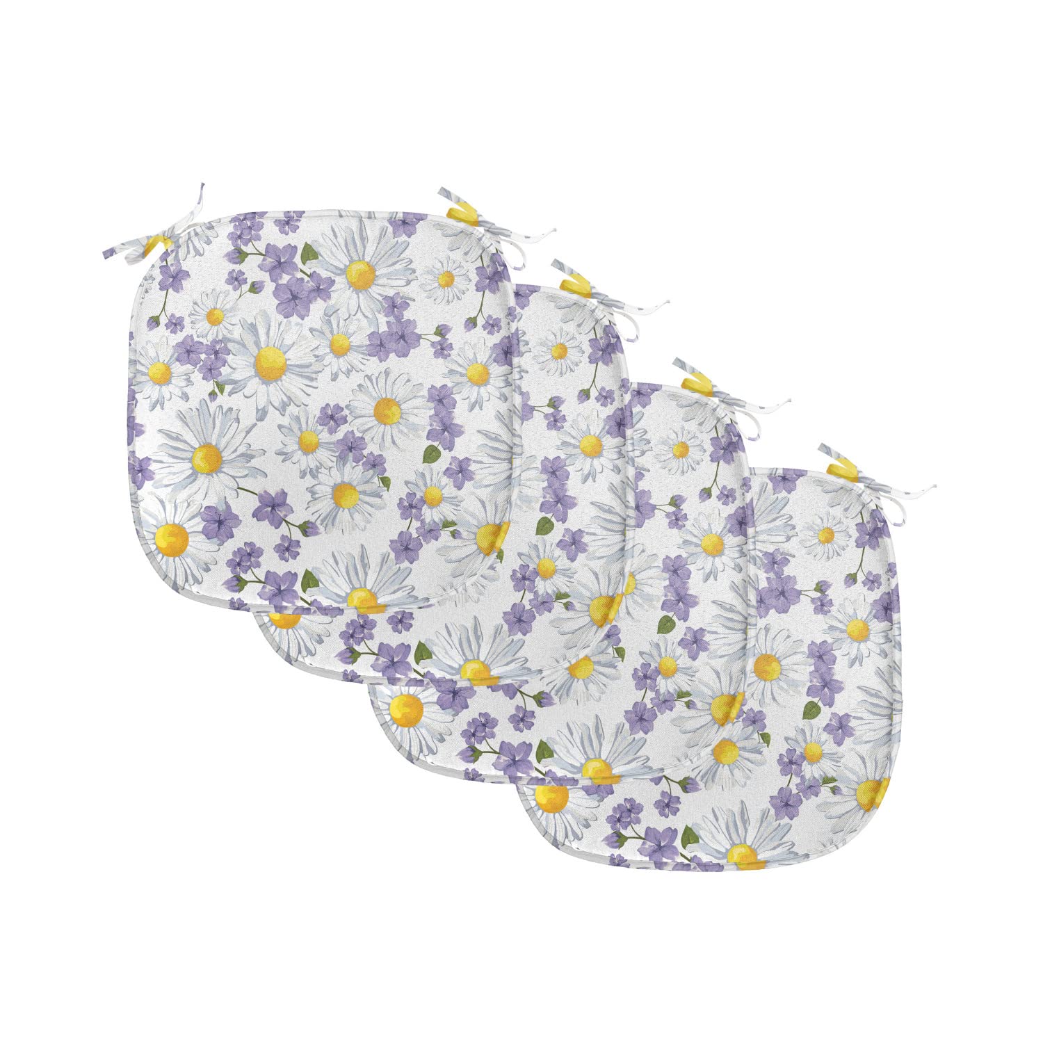 Ambesonne Floral Chair Seating Cushion Set Of 4, Blossoming Chamomile Wild Flower Summer Background Spring Natural Pattern, Anti