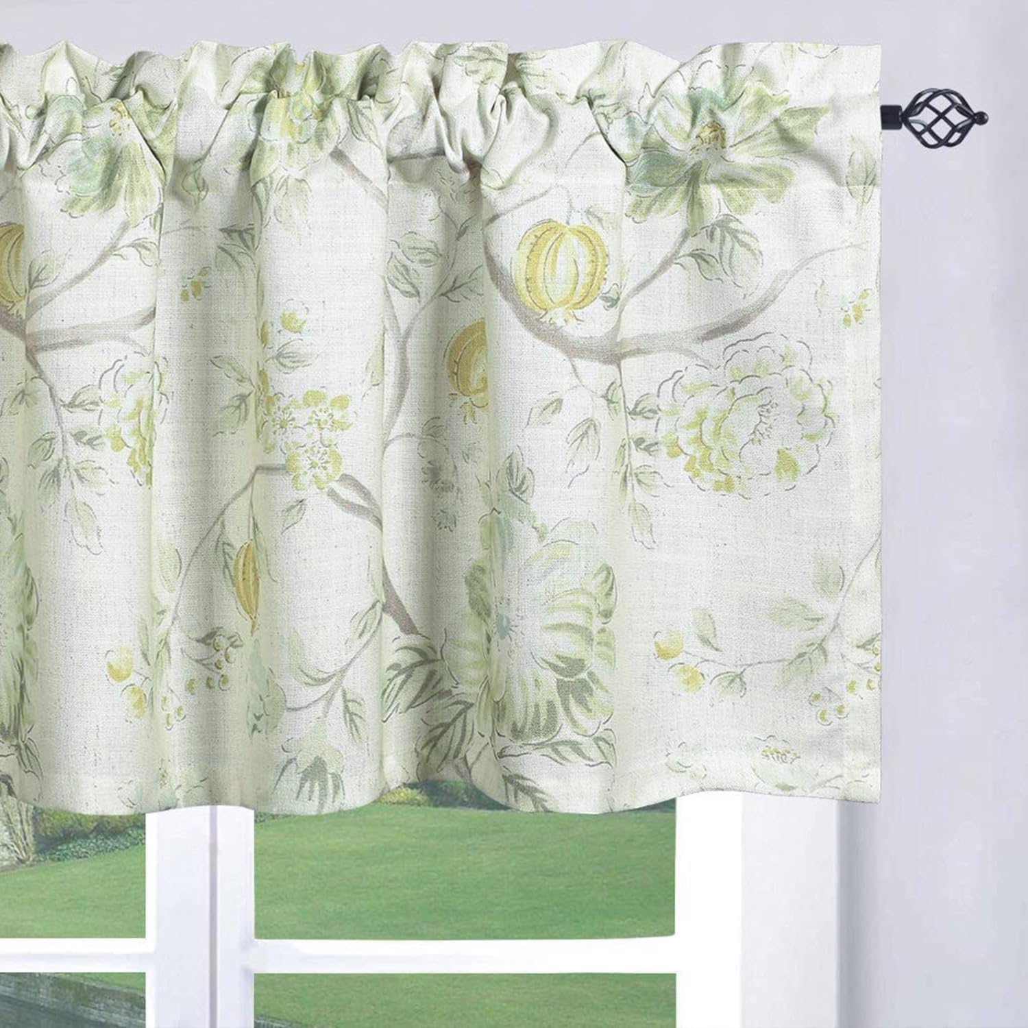Leeva Flower Printed Valance For Living Room, 1 Panel Linen Textured Rod Pocket Window Treatment For Guest Room, 52 X 12 Inch Ru