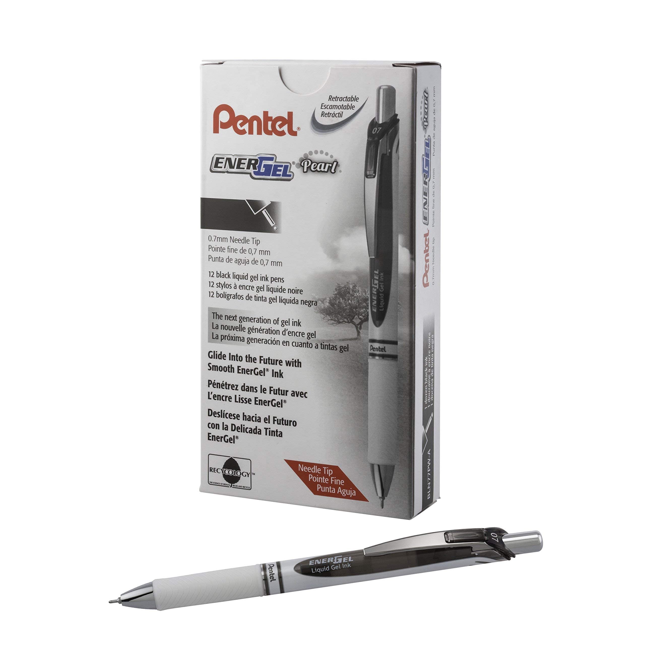 Pentel Energel Pearl Rtx Retractable Liquid Gel Pen, (0.7Mm), Medium Line, Needle Tip, Black Ink, 12 Pack (Bln77Pw-A)