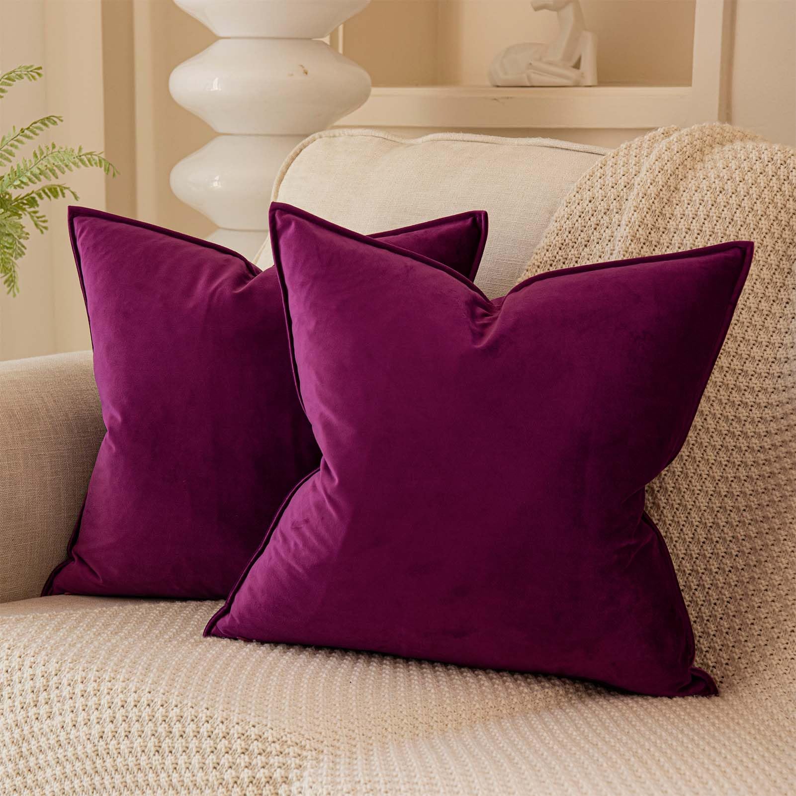 Juspurbet Purple Decorative Velvet Throw Pillow Covers 22X22 Inch Set Of 2,Broadside Soft Cushion Case With Invisible Zipper For