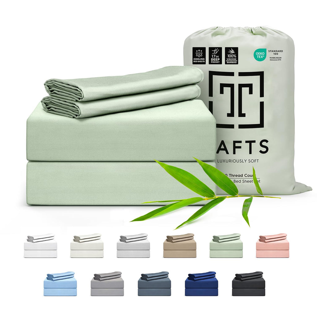 Tafts Bamboo Sheets Full Size Bed Sheets 5 Piece Set, Pure 100% Organic Bamboo, 17” Deep Pockets - Luxuriously Soft, Silky Smooth, Cooling, Double Stitched, Lifetime Quality Guarantee (Green)