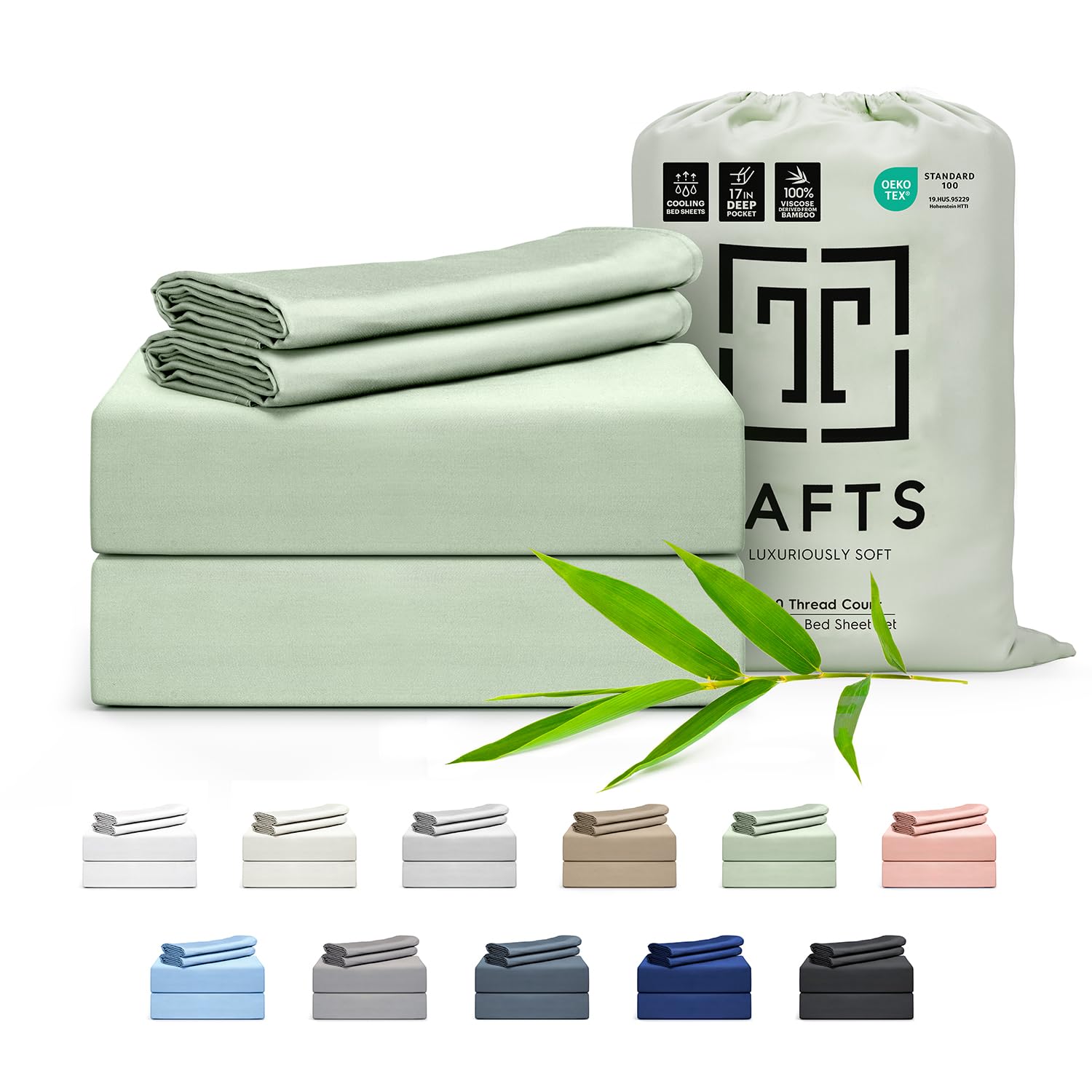 Tafts Bamboo Sheets Full Size Bed Sheets 5 Piece Set, Pure 100% Organic Bamboo, 17” Deep Pockets - Luxuriously Soft, Silky Smooth, Cooling, Double Stitched, Lifetime Quality Guarantee (Green)