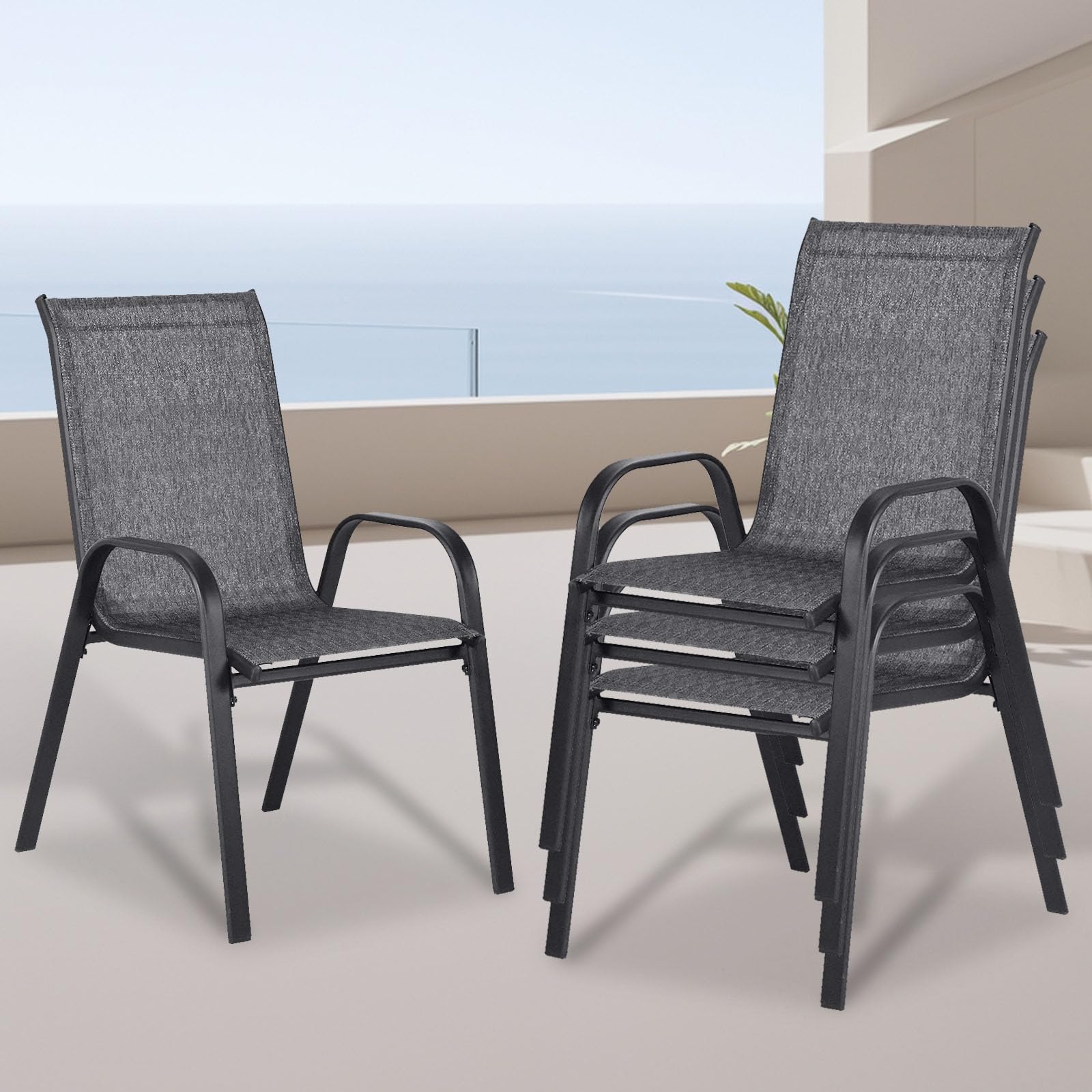 JMGJOY Stackable Patio Chairs Set of 4, Outdoor Dining Chairs, Outdoor Patio Dining Sets with Cooling Fabric, for Lawn, Porch, P