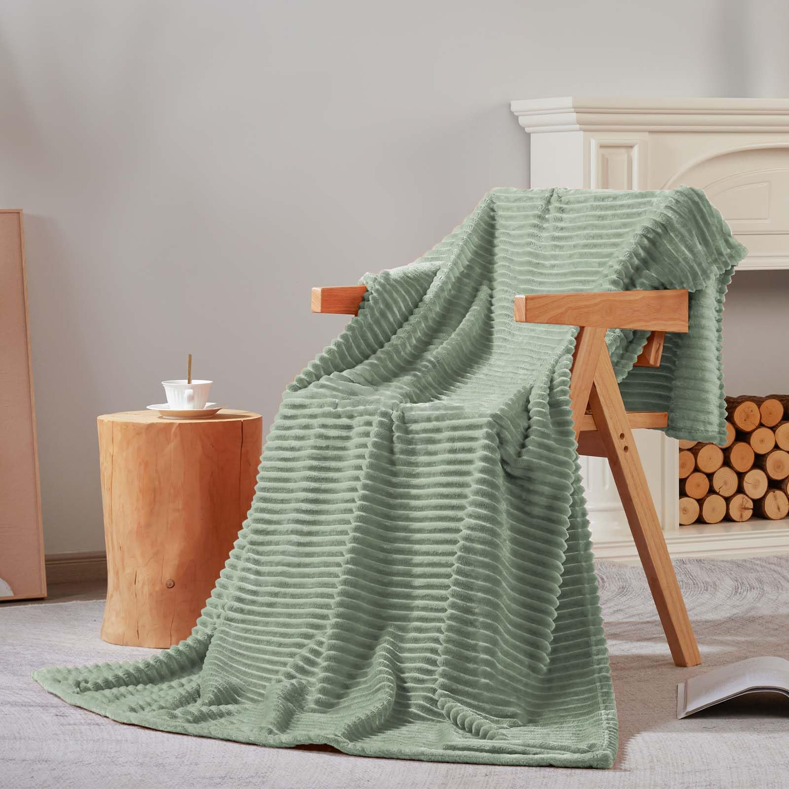 Bnuitland Sage Green Flannel Throw Blanket (60X80 Inches) With Storage Pouch,300Gsm Super Soft Fleece Stripe Pattern Sofa Blanke