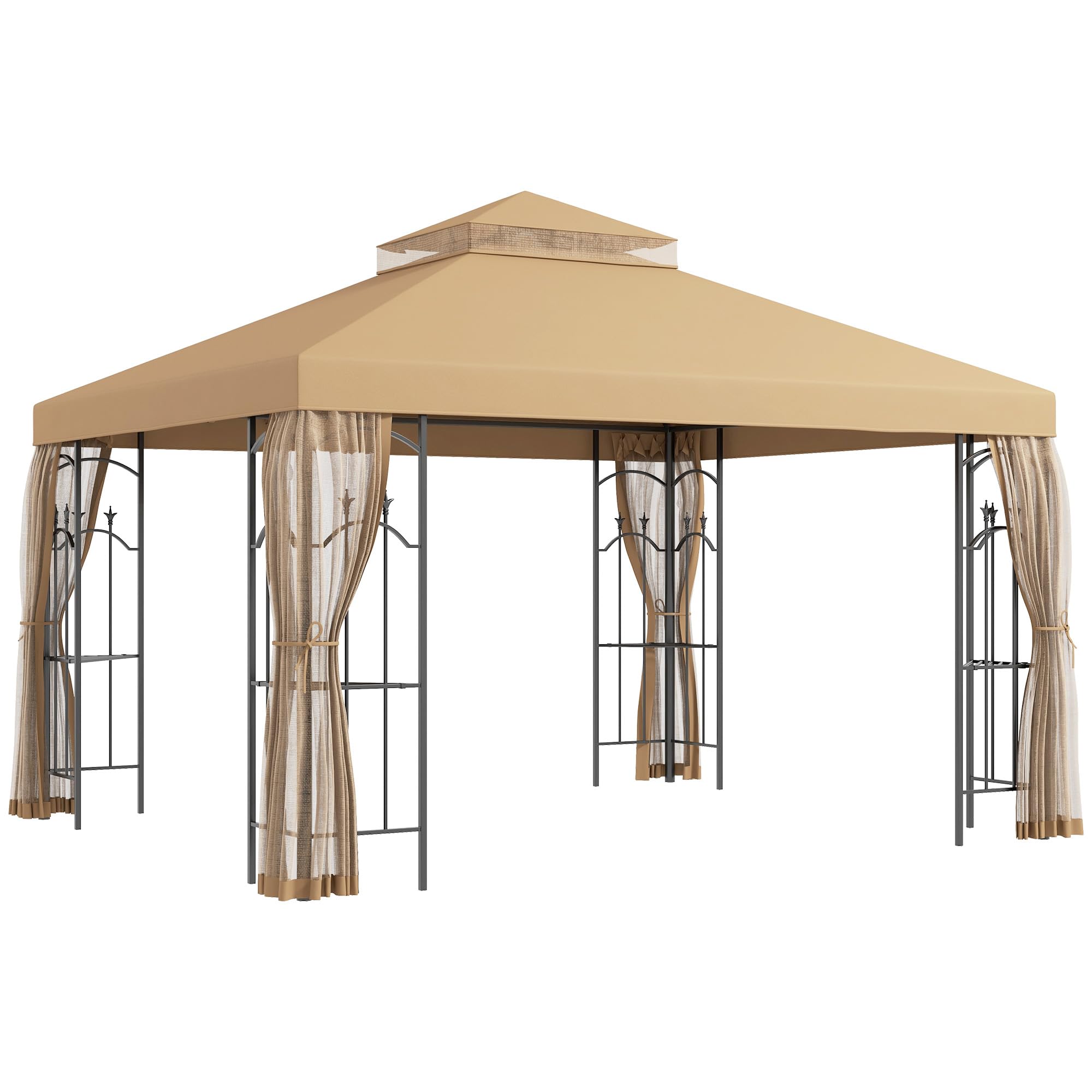 Outsunny 10' X 12' Patio Gazebo With Corner Frame Shelves, Double Roof Outdoor Gazebo Canopy Shelter With Netting For Patio, Wed