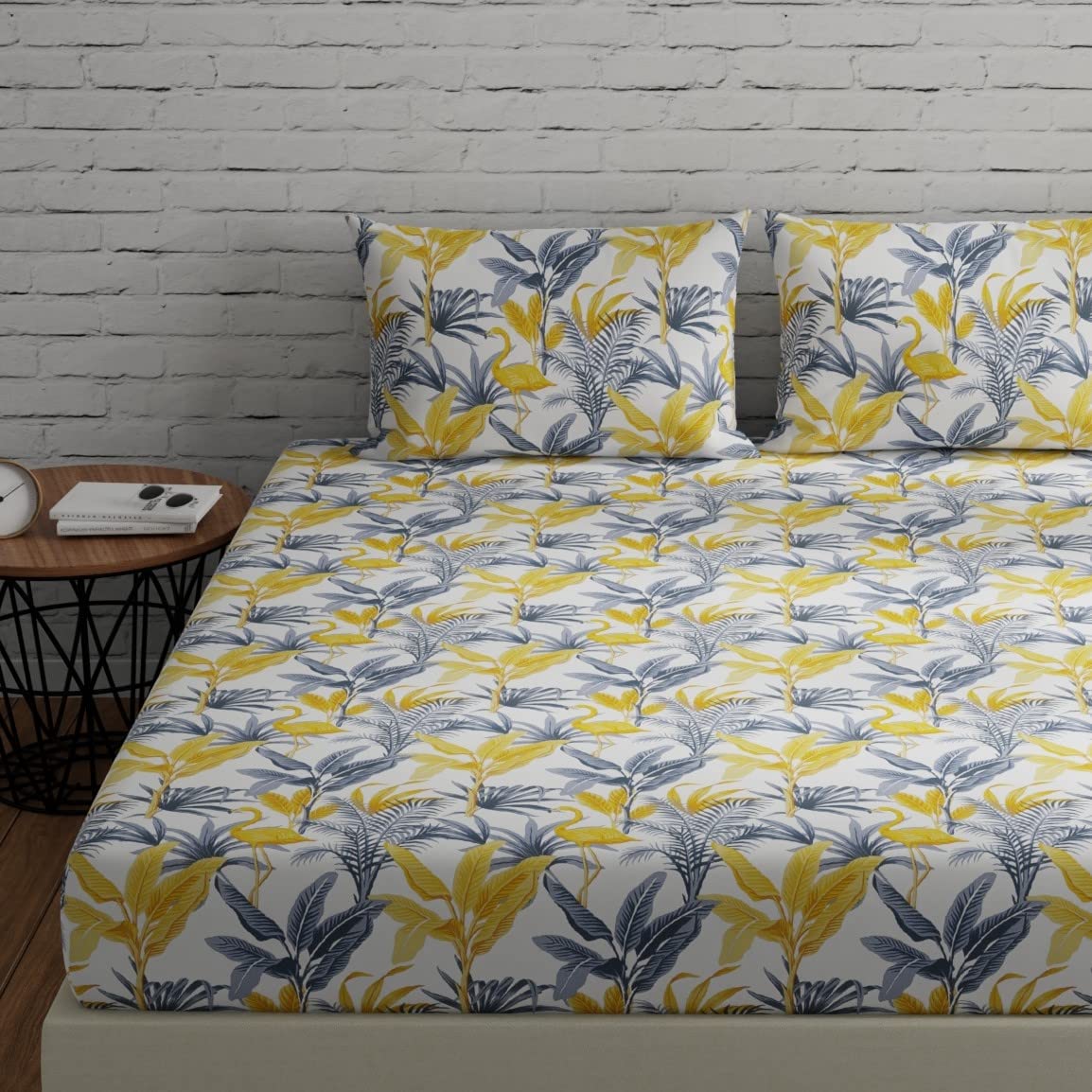 Huesland By Ahmedabad Cotton 144 Tc Double Bed Sheet Cotton King Size With 2 Pillow Covers | 108 X 108 Inches | Flamingos Yellow