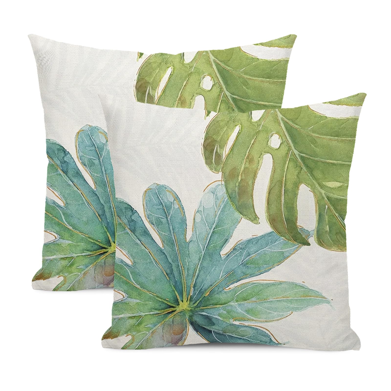 Green Tropical Leaves Pillow Covers 20X20 Set Of 2, Monstera Palm Leaf Decor Farmhouse Pillowcase Botanical Plant Spring Summer