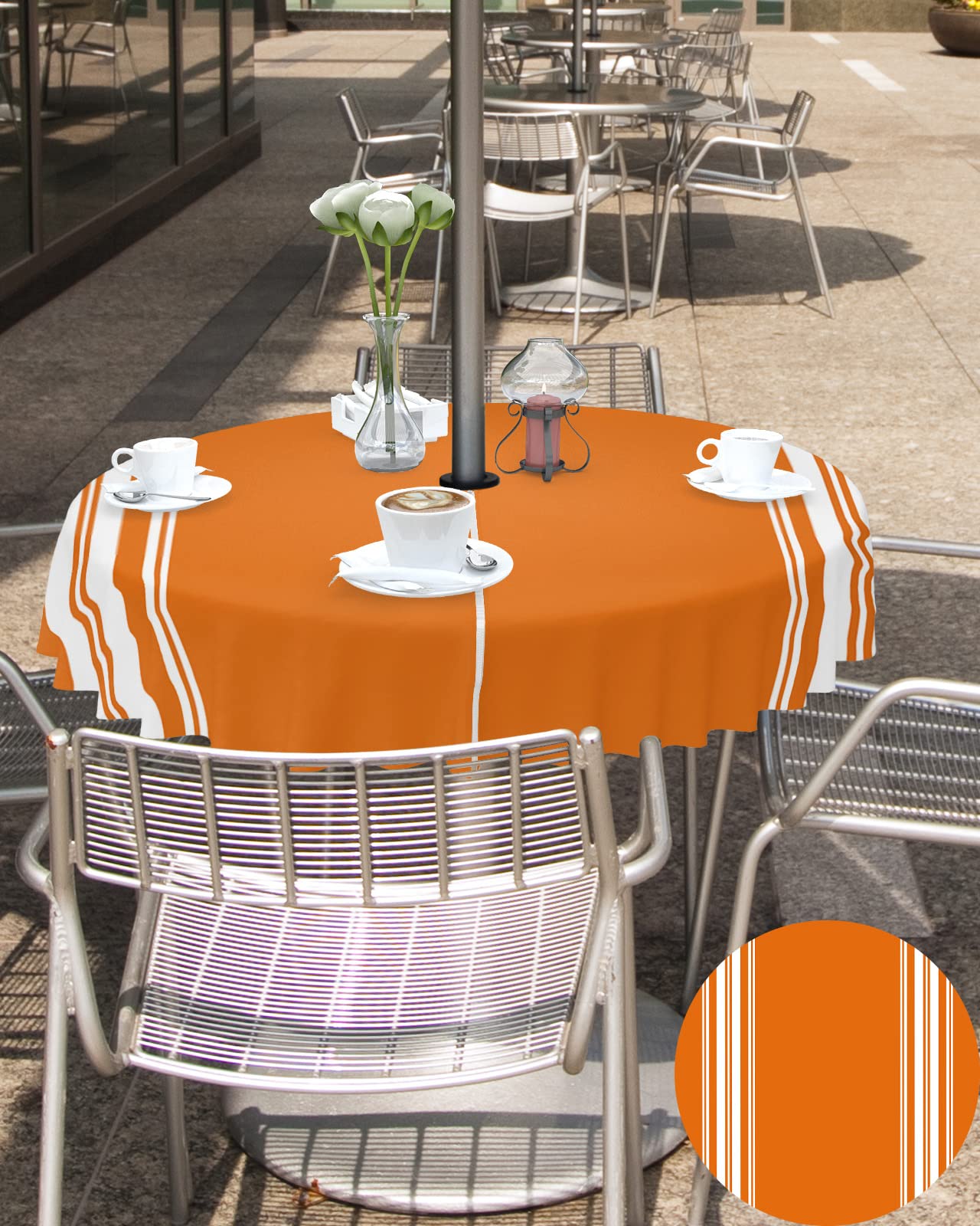 Fall Outdoor Tablecloth With Umbrella Hole, Farmhouse Orange White Stripe Round Tables Zippered Table Cloth Waterproof Tabletop