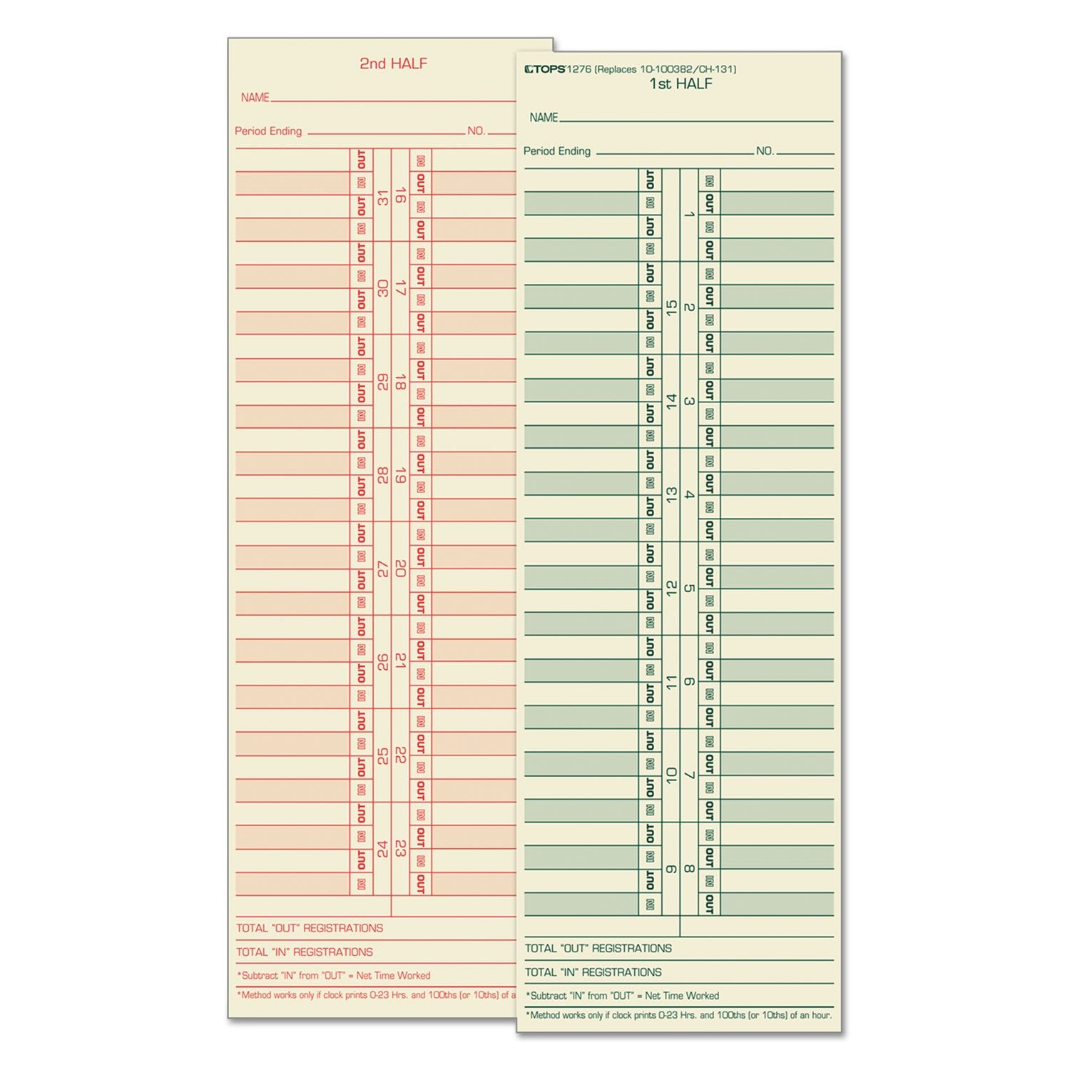Tops Time Cards, Semi-Monthly, 2-Sided, 3-1/2' X 10-1/2', Manila, Green/Red Print, 500-Count (1276)