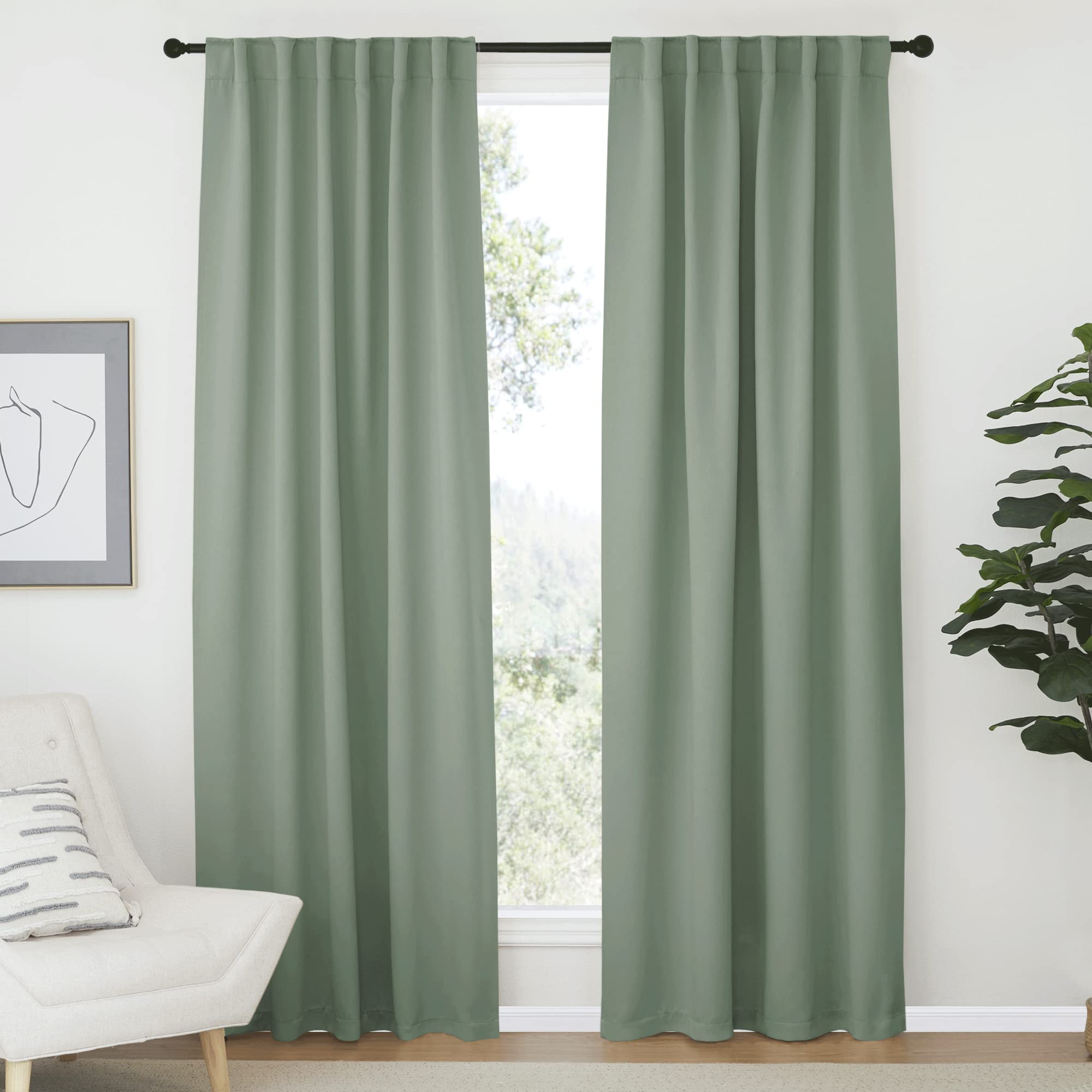 Nicetown Living Room Blackout Draperies - (Greyish Green Color) W52 X L84, 2 Pieces, Room Darkening Window Blackout Drape Panels For Wall