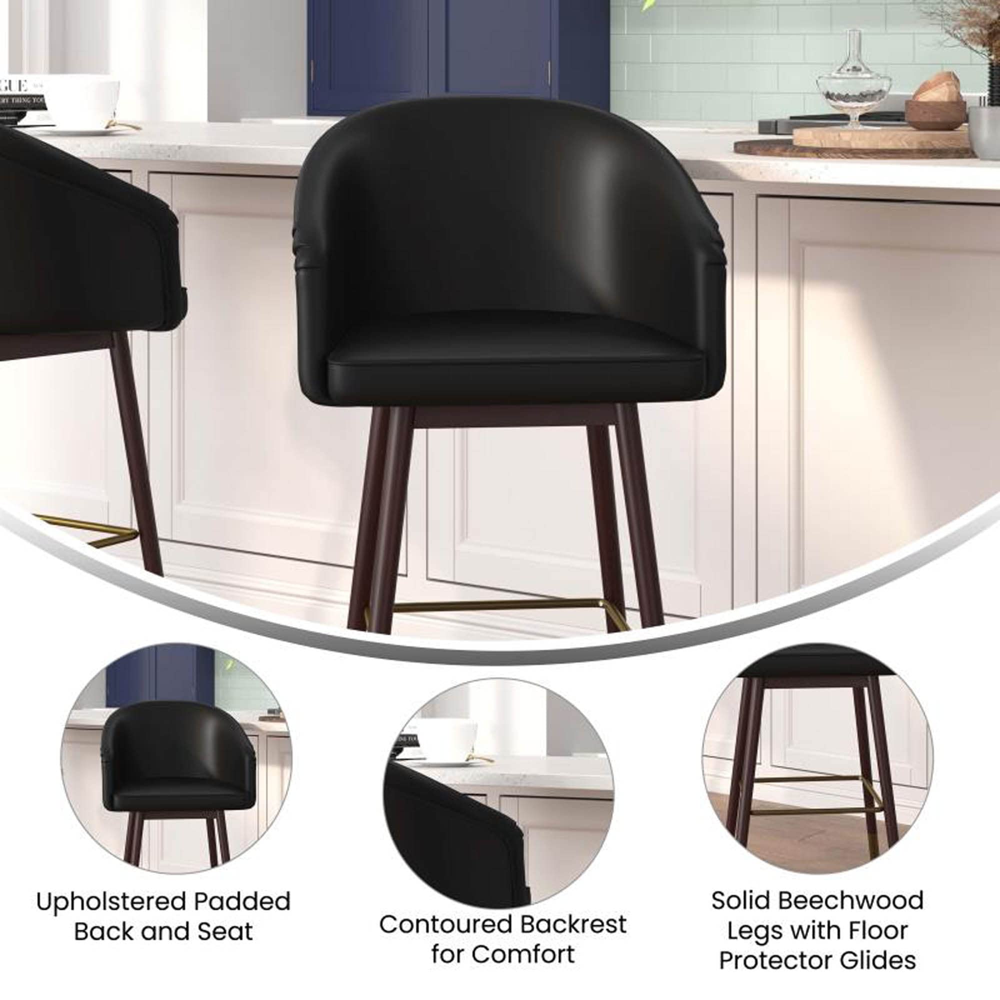 Flash Furniture Margo Commercial Grade Mid-Back Counter Stool - Black LeatherSoft Upholstery - Walnut Finish Beechwood Legs with Soft Bronze Accents - 26&quot; Barstool