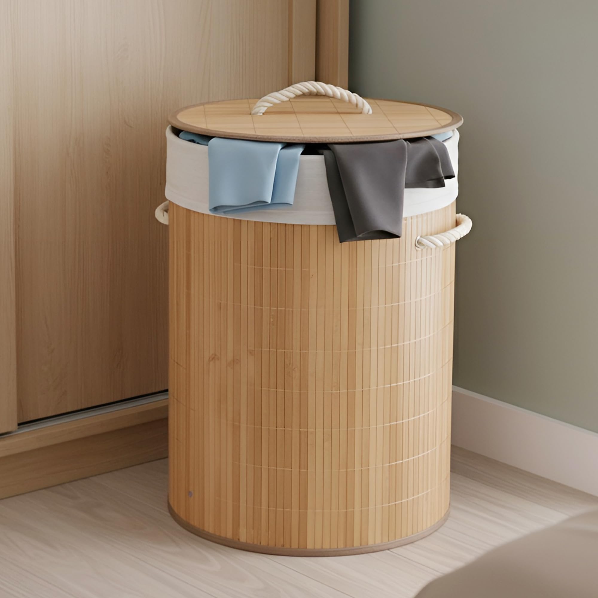Ibell Foldable 72 Litre Round Bamboo Laundry Basket With Lid | Sustainable & EcoFriendly | Solid Laundry Basket | 35.5L X 35.5W