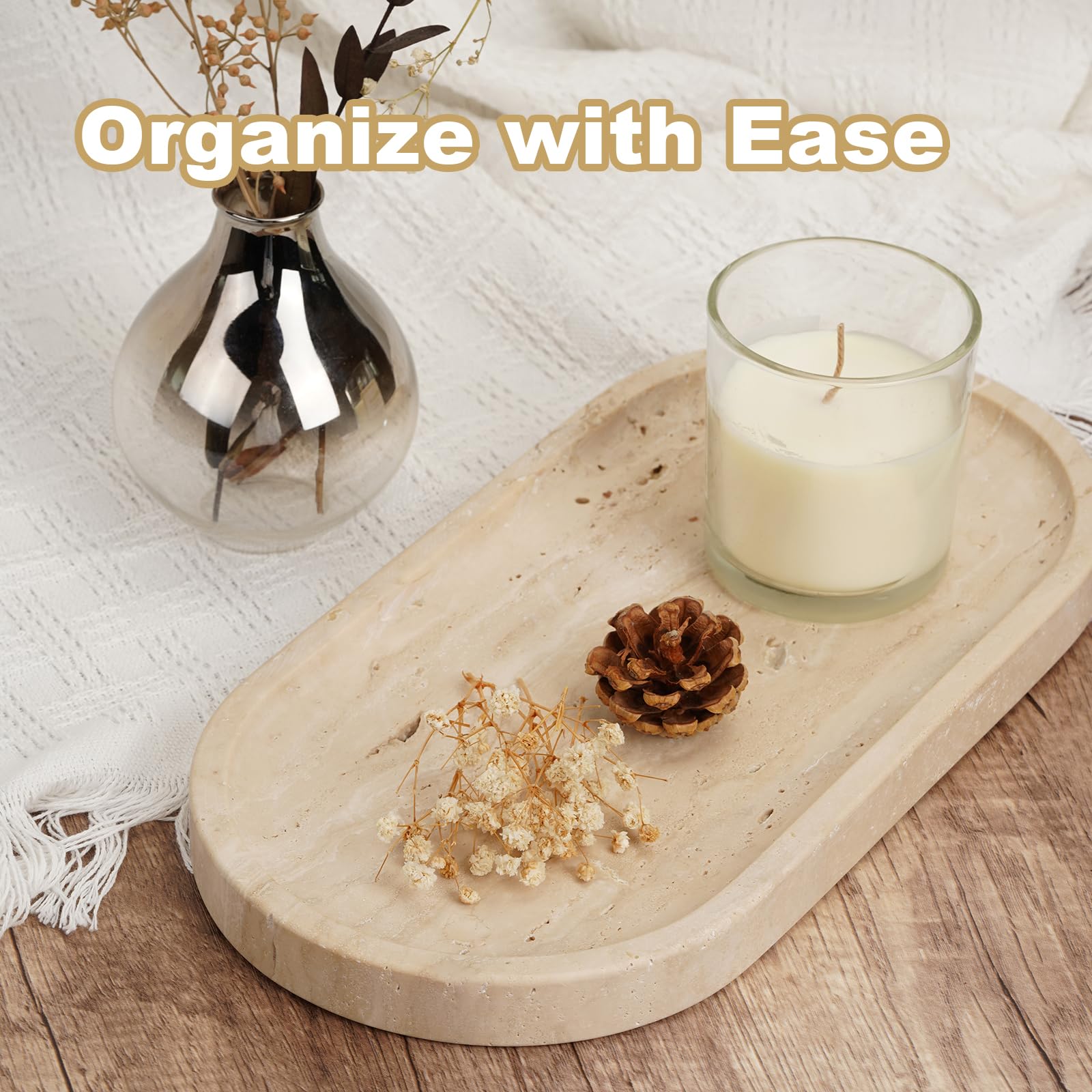 Koville Turkish Natural Travertine Tray, 12'' Vanity Decorative Tray For Countertop Organizer, Catchall Tray For Perfume, Candle