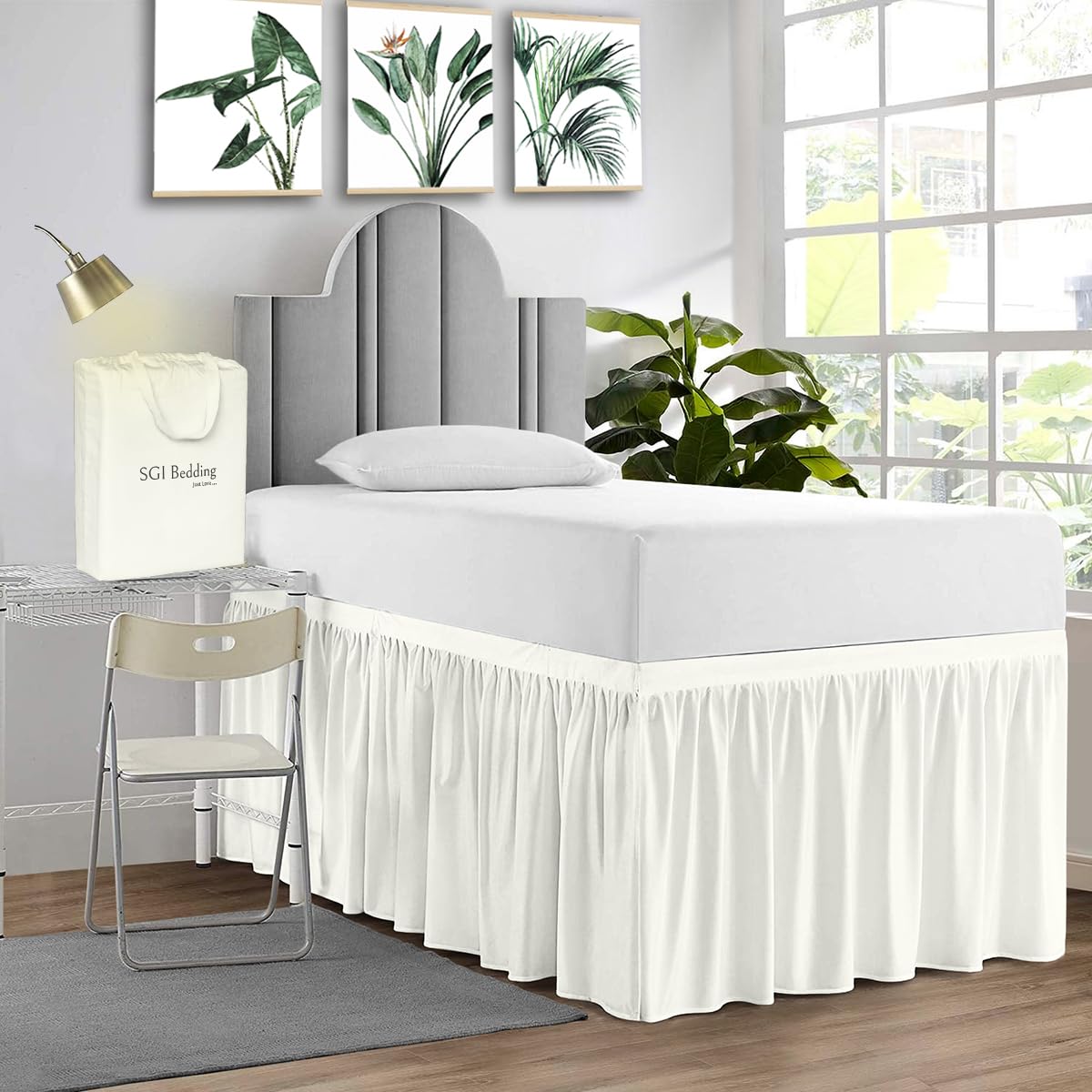 Sgi Bedding Dorm Bed Skirt Full Xl 32 Inch Drop Length - Ivory, Ruffled Pattern College Dorm Room Bed Skirts - Split Corner, Eas