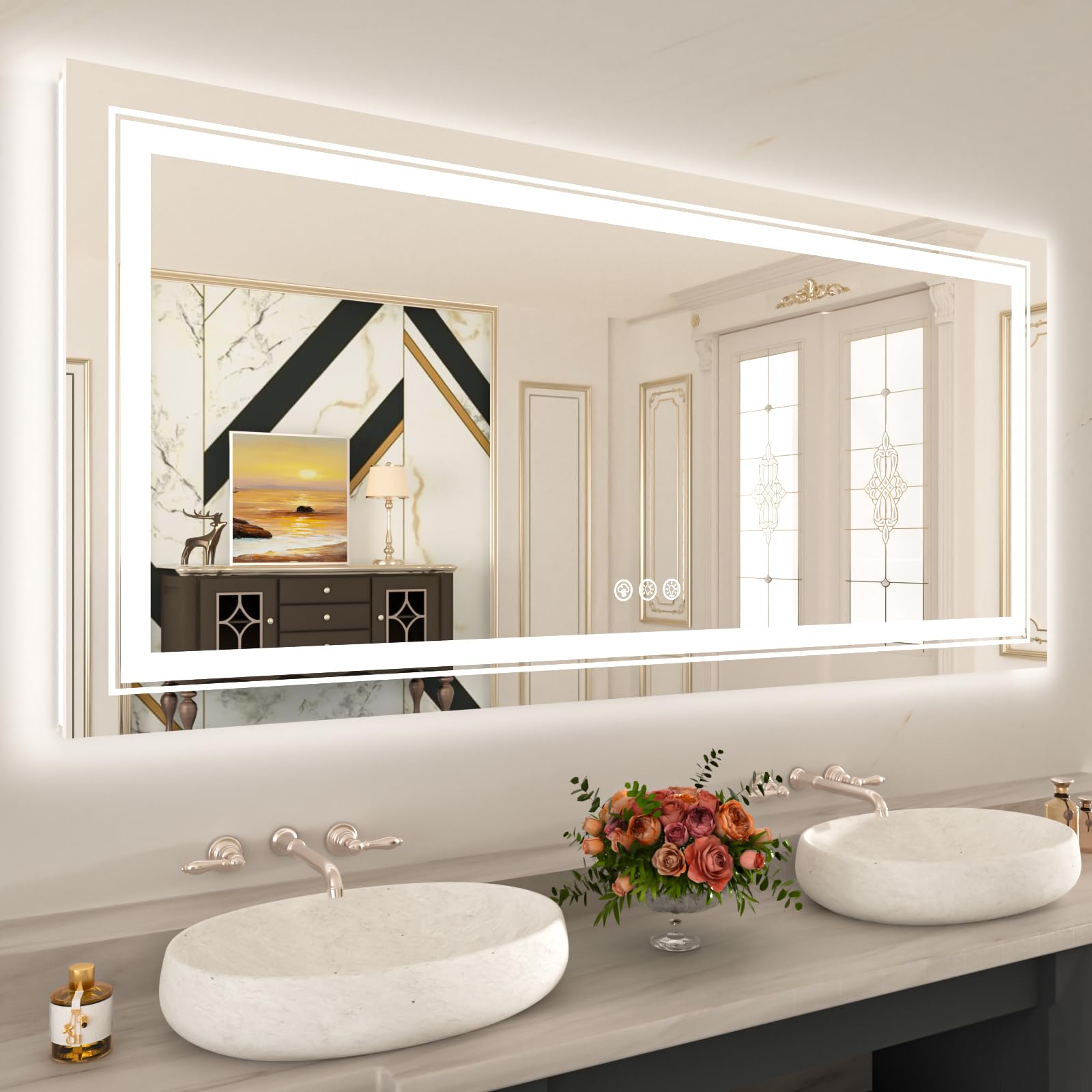 WTTY LED Bathroom Mirror 60x36 with RGB Backlit and Front Light,Stepless Dimmable LED Mirror for Bathroom,Lighted Bathroom Vanit