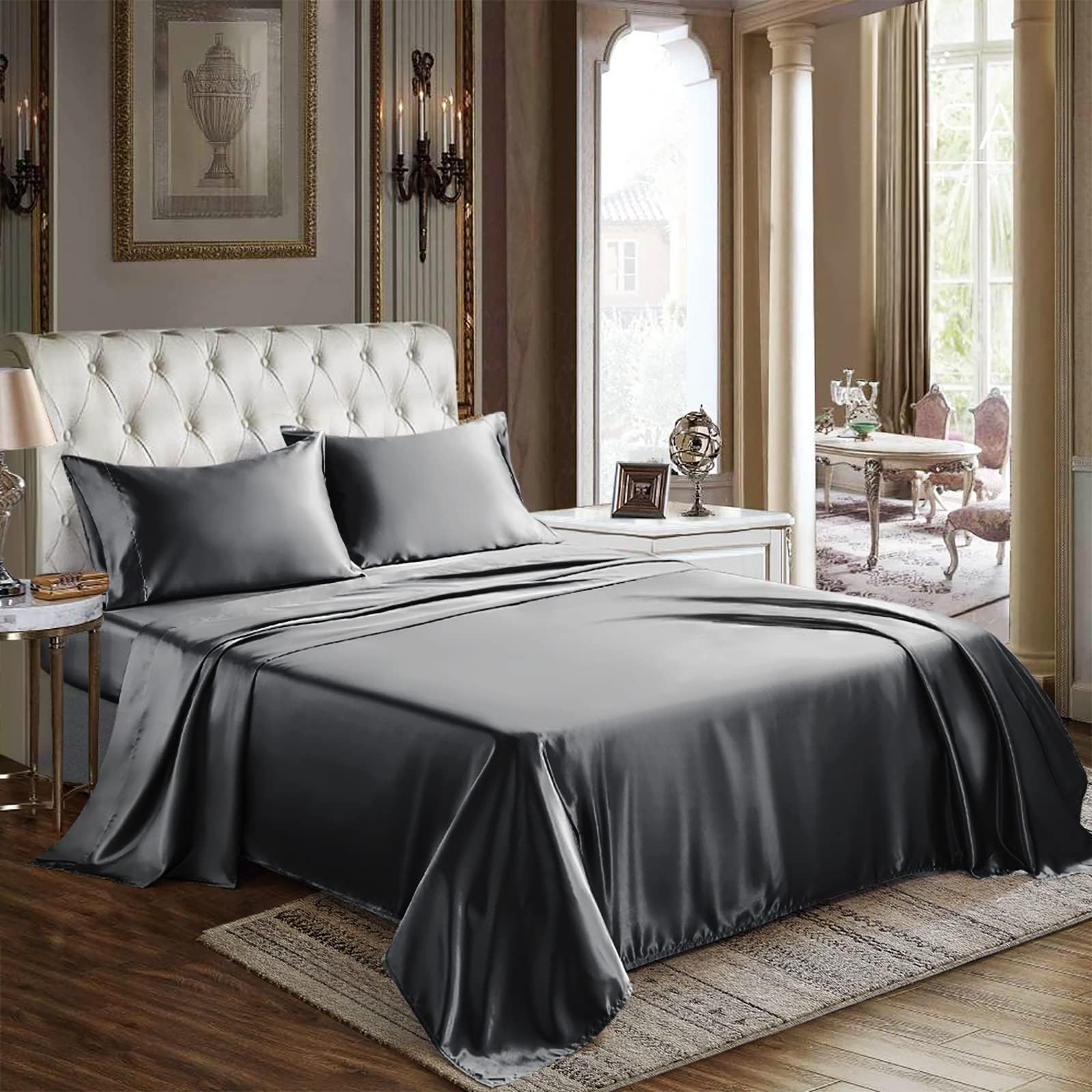 Cozylux Satin Sheets Queen Size - 4 Piece Dark Grey Bed Sheet Set With Silky Microfiber, 1 Deep Pocket Fitted Sheet, 1 Flat Shee