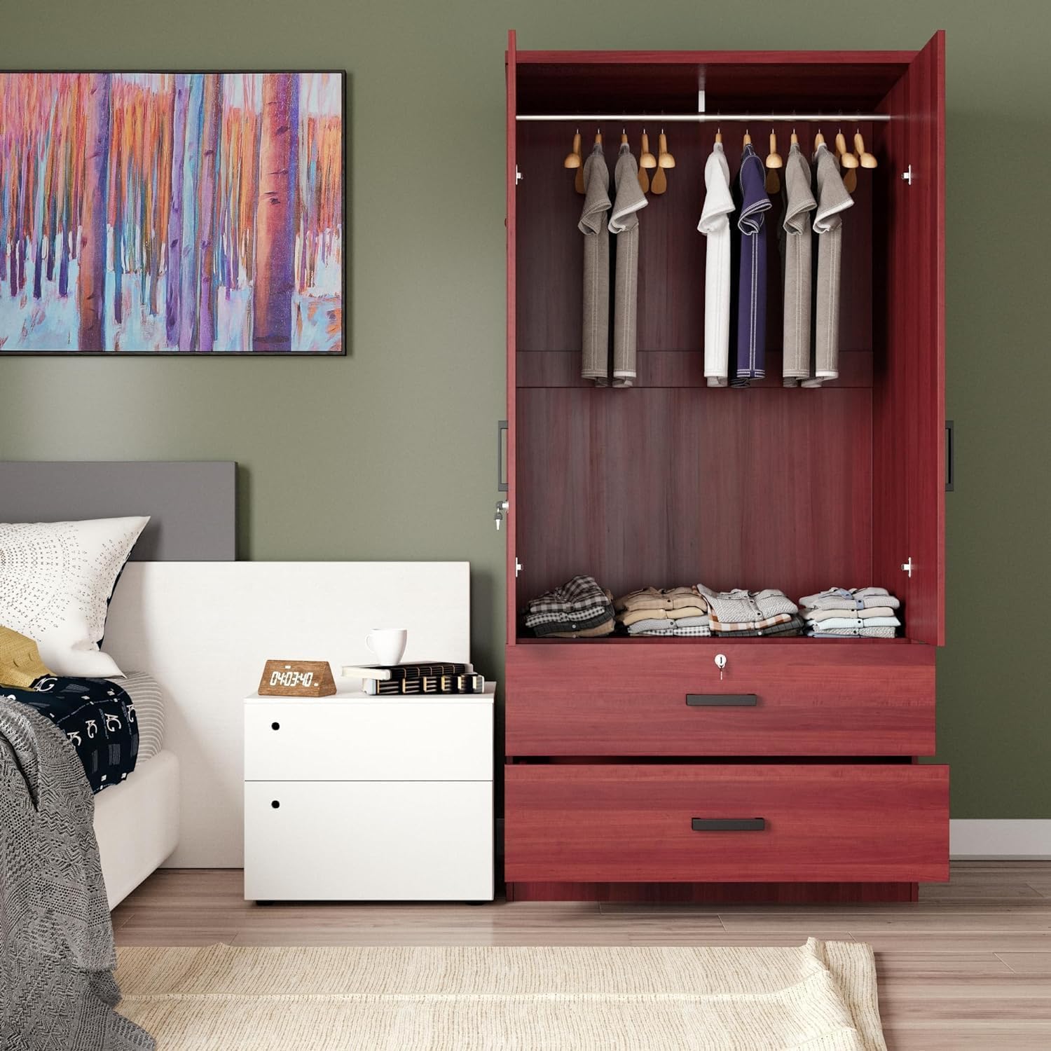 Woodpeckers Furniture And Mattress Mirrored 2 Doors Wardrobe & 2 Drawers 72&quot; Tall (Mahogany)