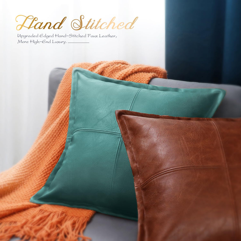 Brawarm Teal Leather Throw Pillow 20 X 20 Inches, Faux Leather Pillow Cover With Piping, Hand Stitched Leather Decorative Throw