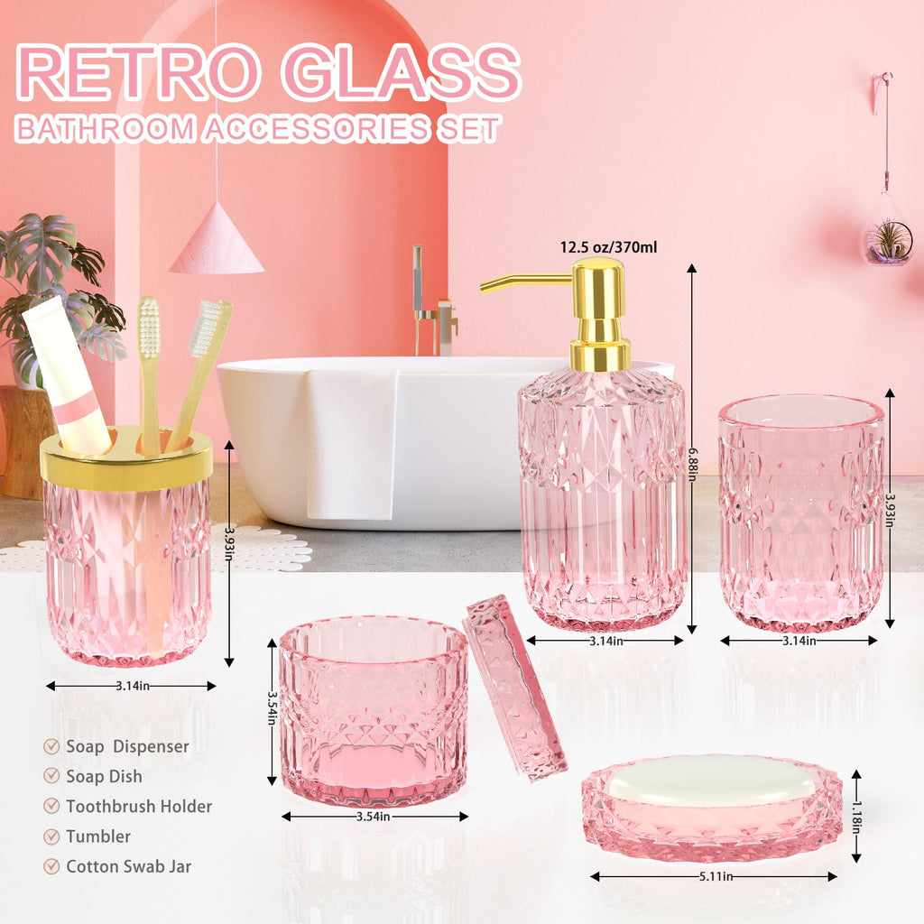 Newest Pink Bathroom Accessories Set - 5 Pcs Glass Bathroom Decor With Soap Dispenser & Soap Dish & Toothbrush Holder & Tumbler