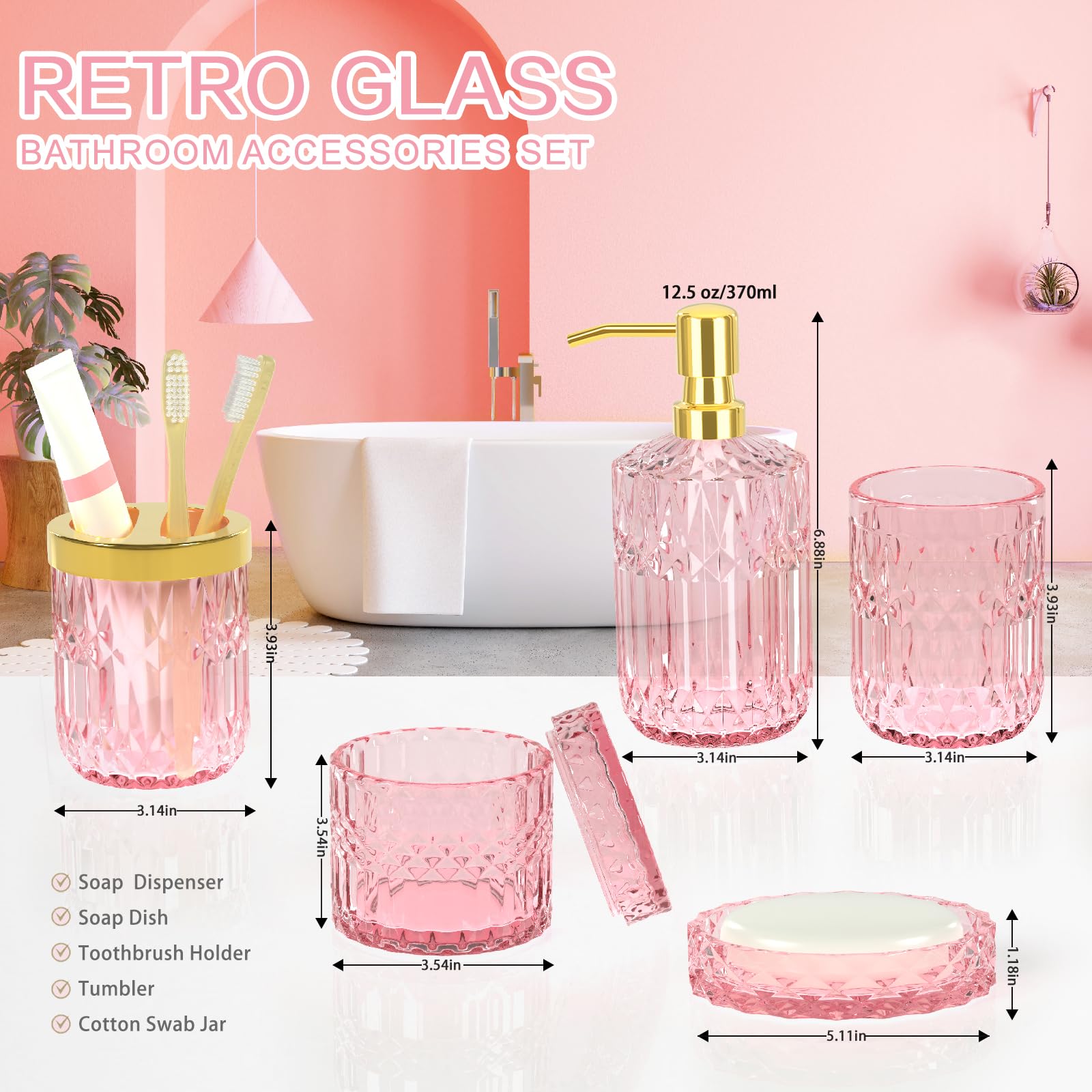 Newest Pink Bathroom Accessories Set - 5 Pcs Glass Bathroom Decor With Soap Dispenser & Soap Dish & Toothbrush Holder & Tumbler