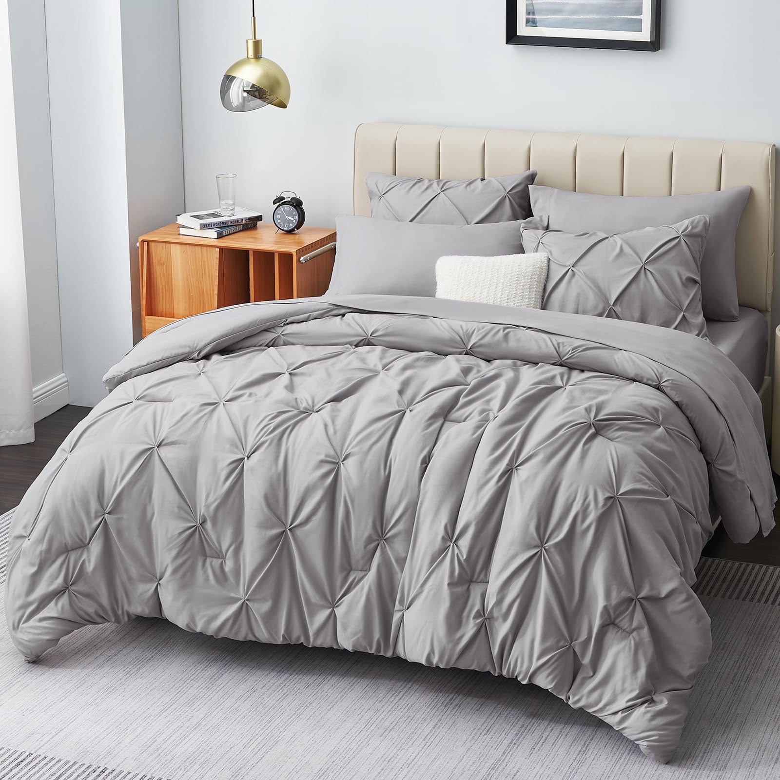 Cozylux Queen Comforter Set - 7 Pieces Comforters Queen Size Light Gray, Pintuck Bed In A Bag Pinch Pleat Bedding Sets With All