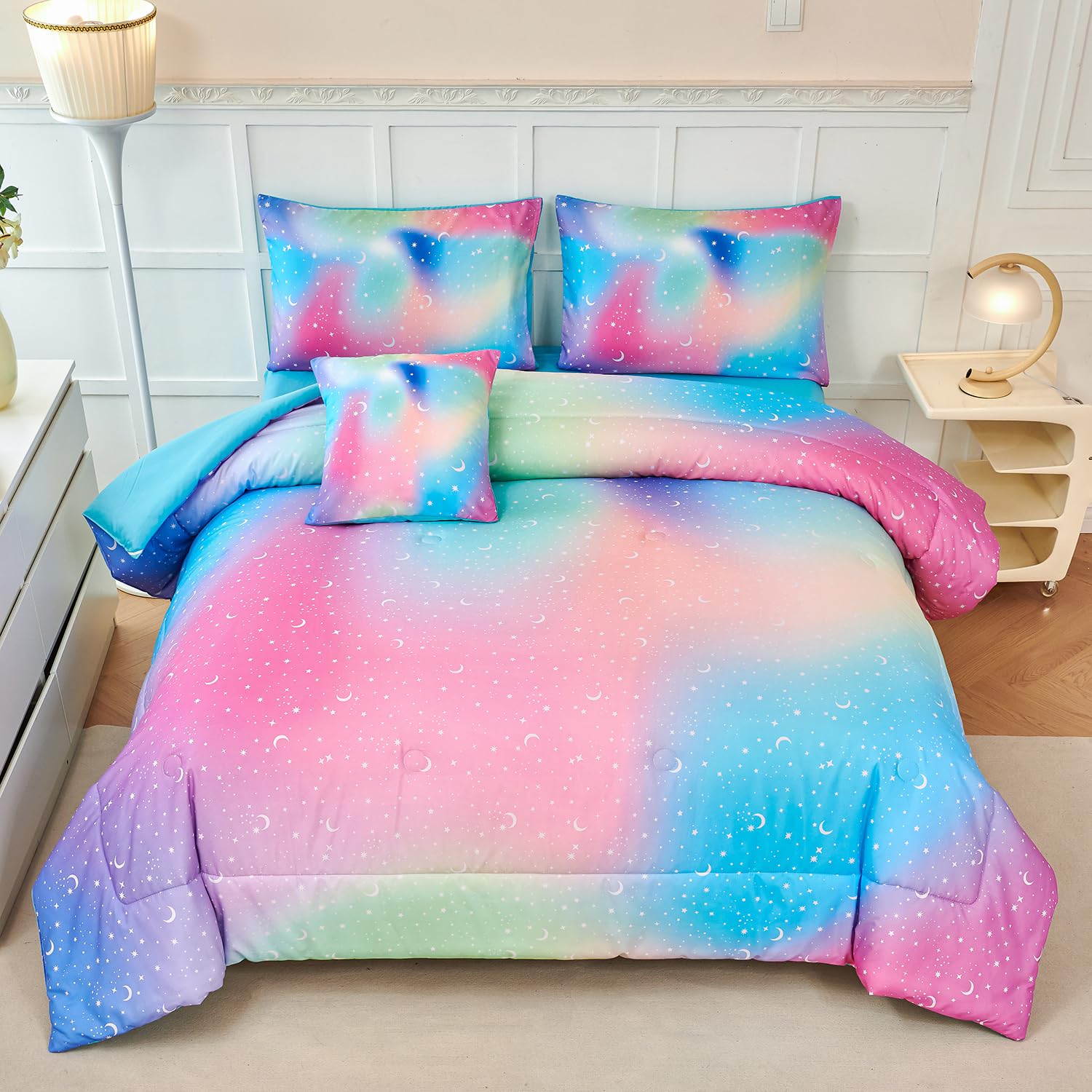Urbonur Queen Size Comforter Set, Rainbow Stars Queen Bedding Set For Teen Girls Women, 6 Pieces Comforter, Flat Sheet, Fitted S
