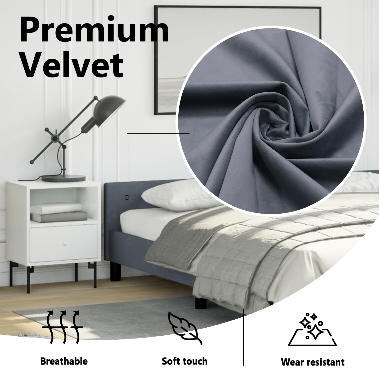 vidaXL Velvet Bed Frame Platform Bed, Scandinavian Style/Slats Support/No Box Spring Needed/Without Mattress/Easy Assembly, Dark Grey Queen Bed