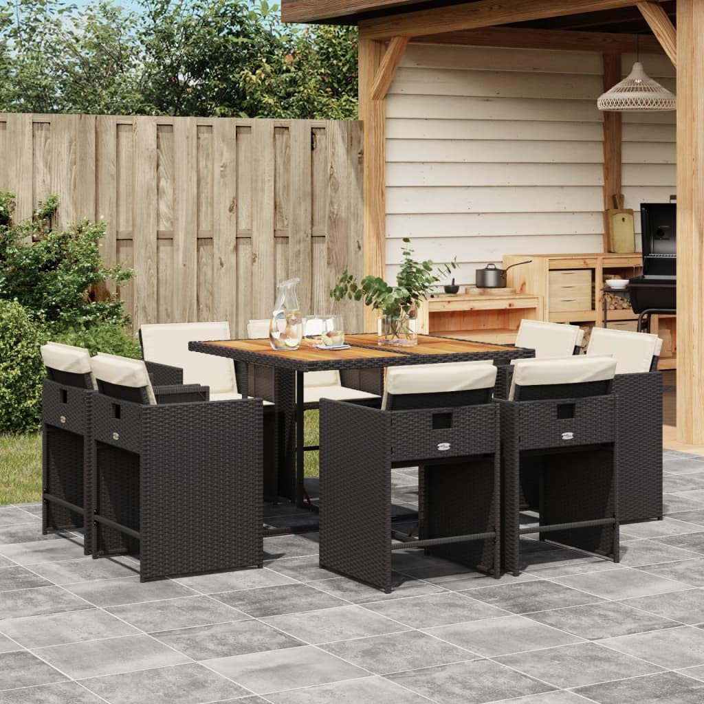 vidaXL 9-Piece Black Poly Rattan Patio Dining Set - Cushioned Garden Furniture with Foldable Chairs and Acacia Wood Tabletop for Outdoor Deck, Backyard, and Patio