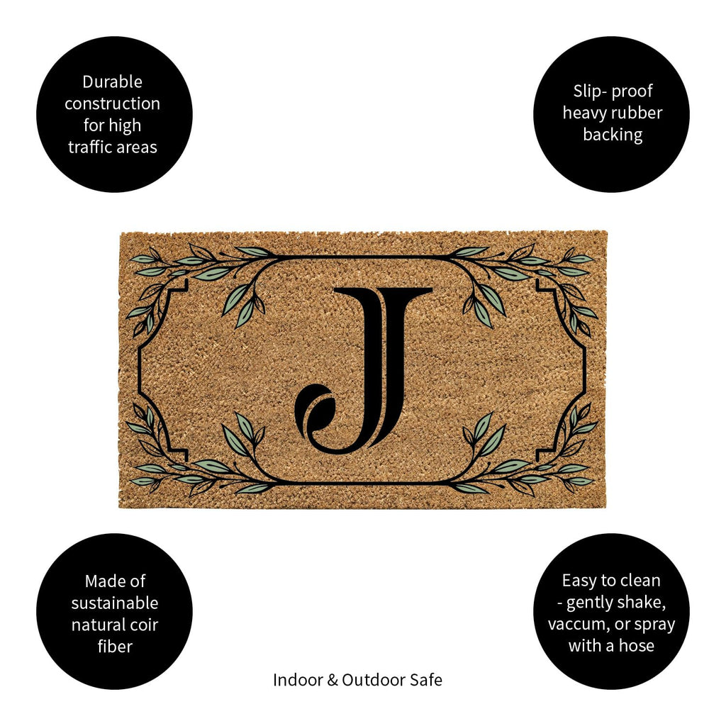 Evergreen Monogram Coir Doormat | Letter J | Front Door Mat For Outdoor Indoor Entrance | 28X16 Inches | Non-Slip Backing Doorwa
