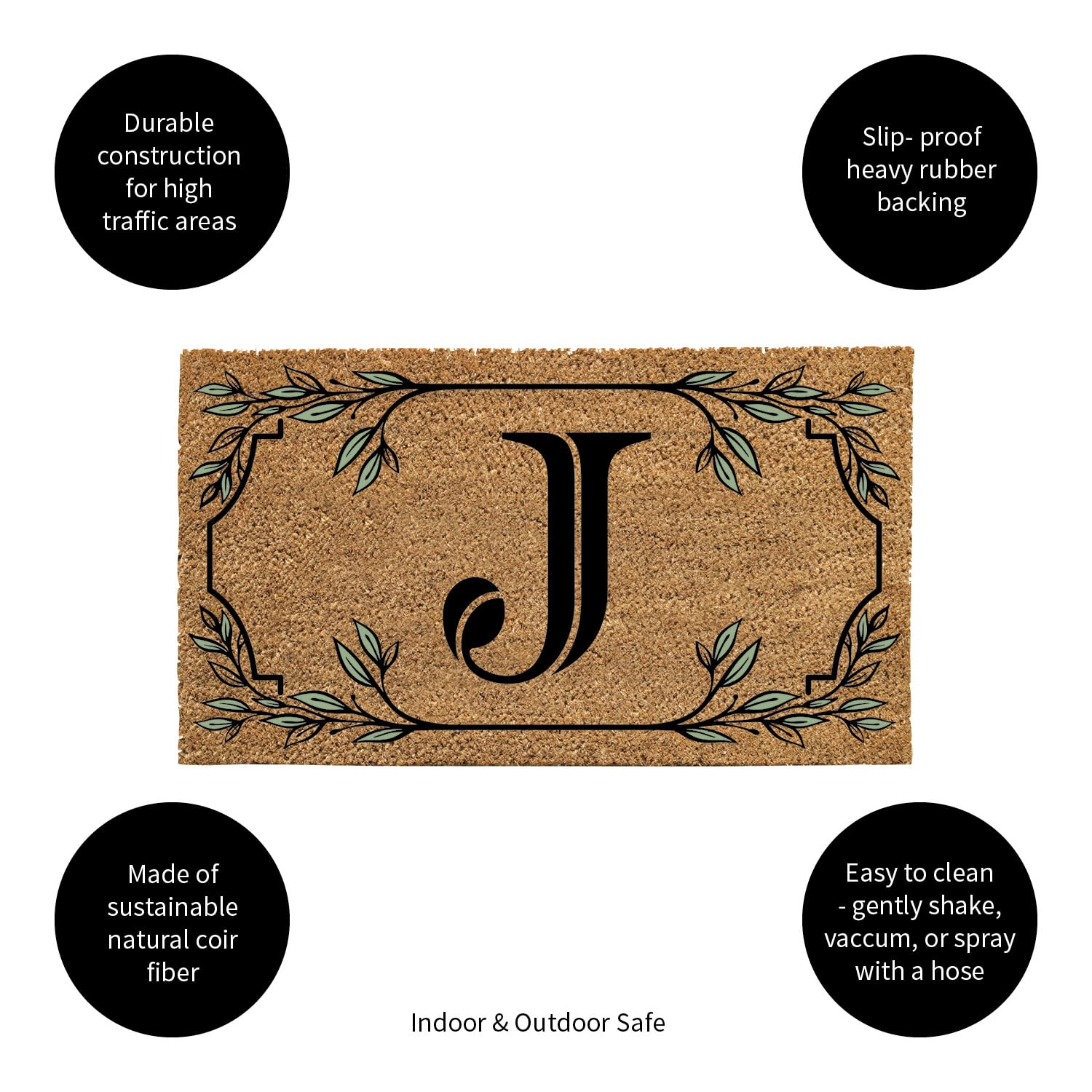 Evergreen Monogram Coir Doormat | Letter J | Front Door Mat For Outdoor Indoor Entrance | 28X16 Inches | Non-Slip Backing Doorwa