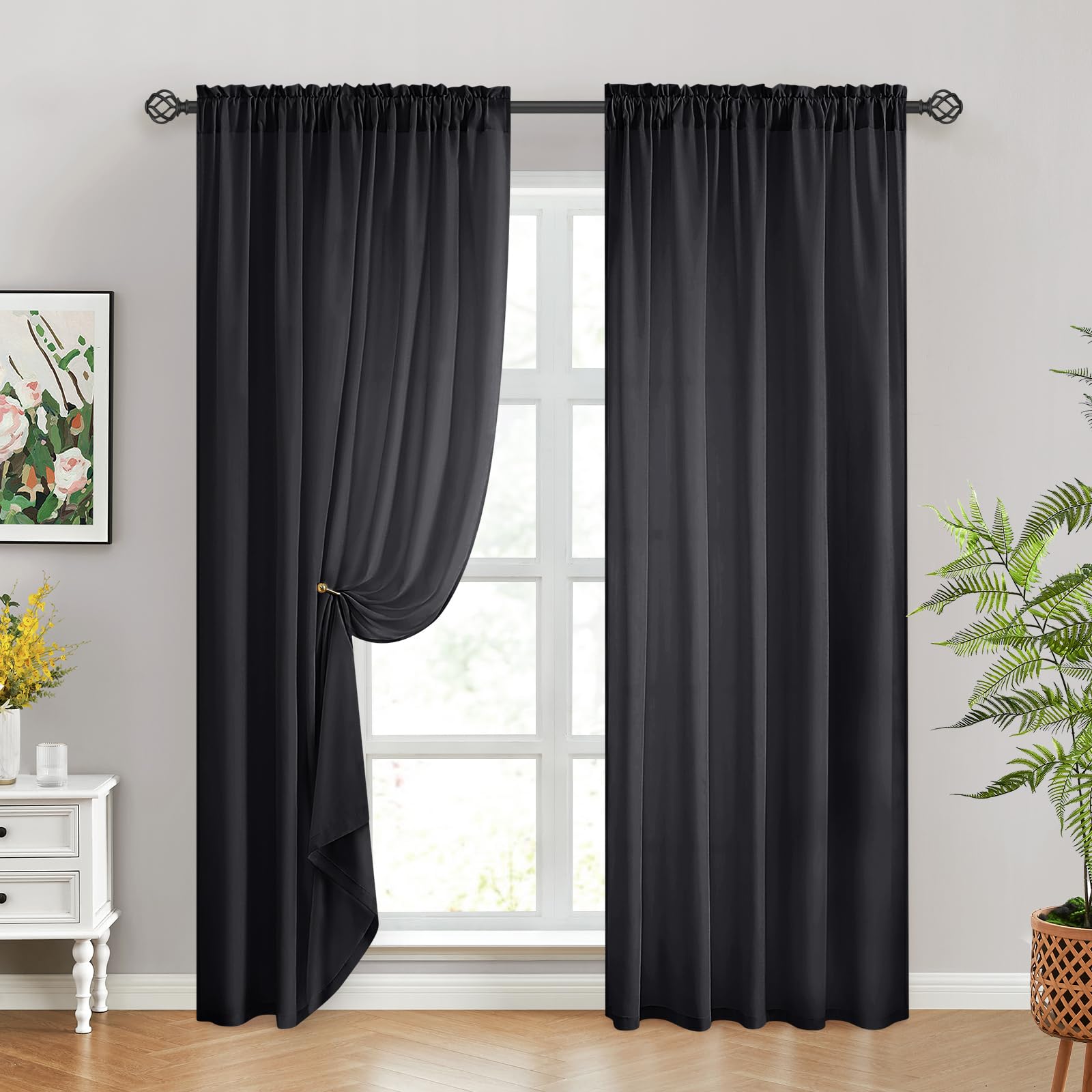 Homeideas Non-See-Through Black Privacy Sheer Curtains 52 X 84 Inches Long 2 Panels Sheer Curtains Light Filtering Window Curtains Drapes For Bedroom Living Room
