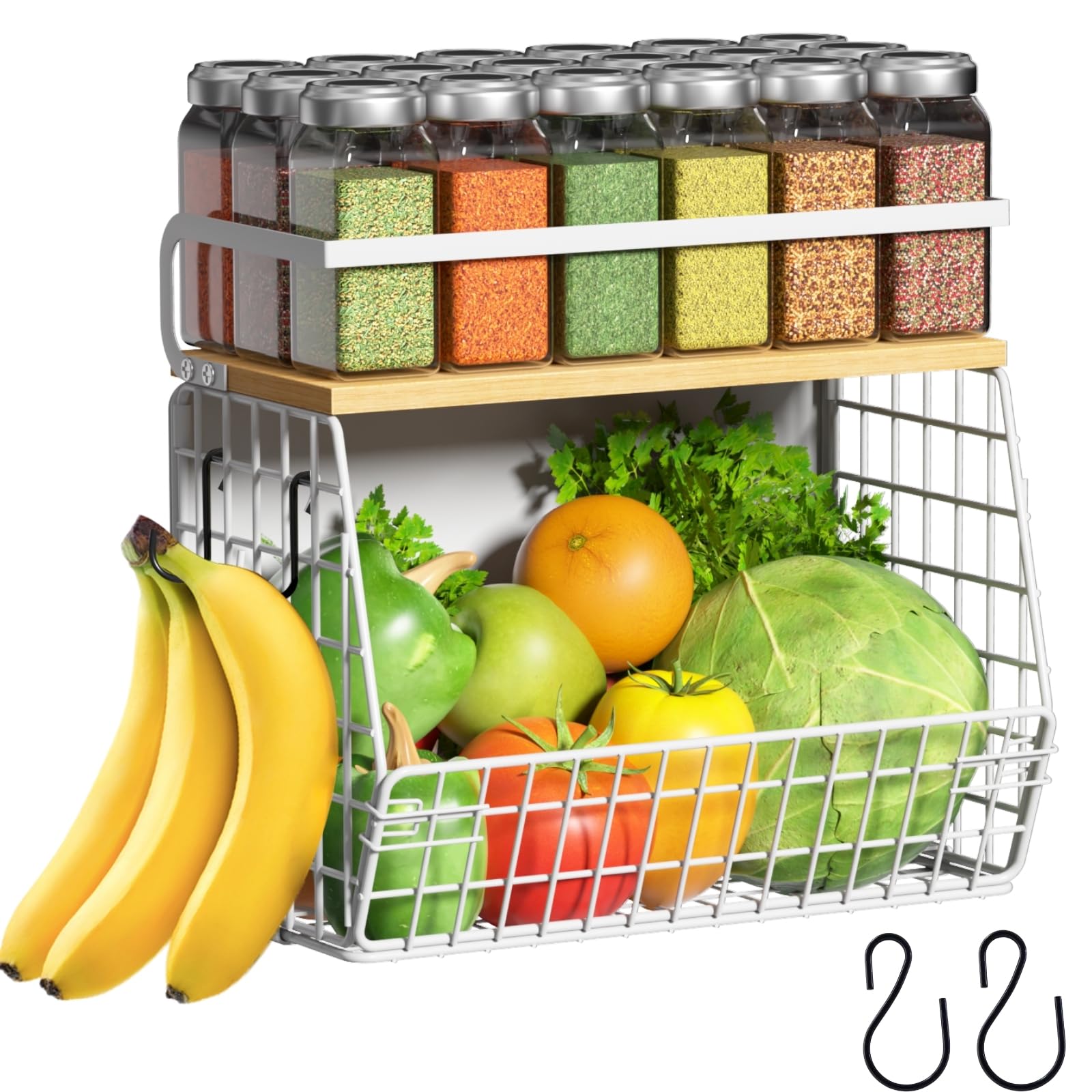 Ofiray-home Magnetic Shelf for Fridge with Wood Lid, Fruit Potato and Onion Storage Bins, Pantry Organizers & Storage, Large Con