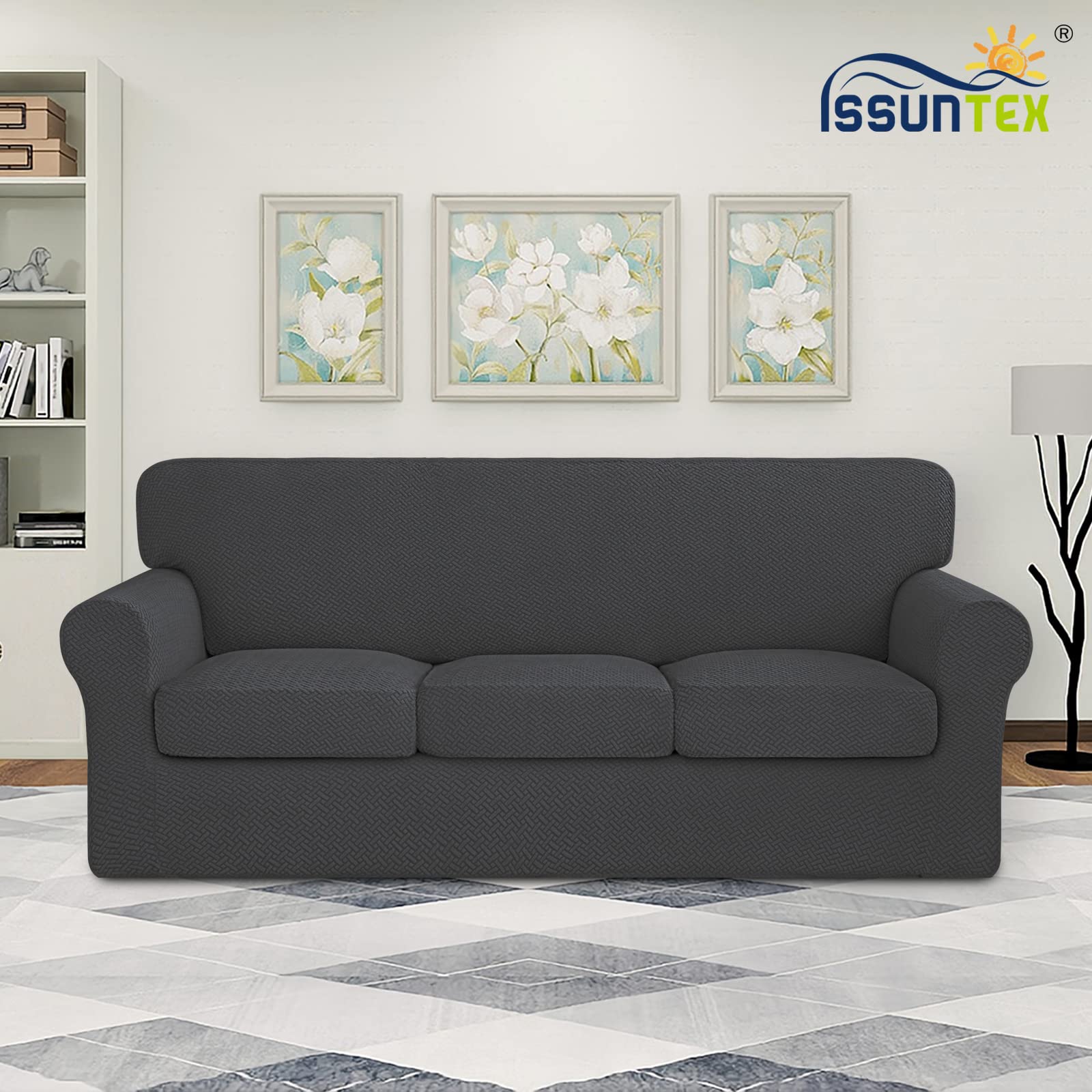 Issuntex 4 Pieces High Stretch Thicken Couch Covers, Soft Sofa Slipcover For 3 Separate Cushion , Jacquard Fabric Elastic Furnit