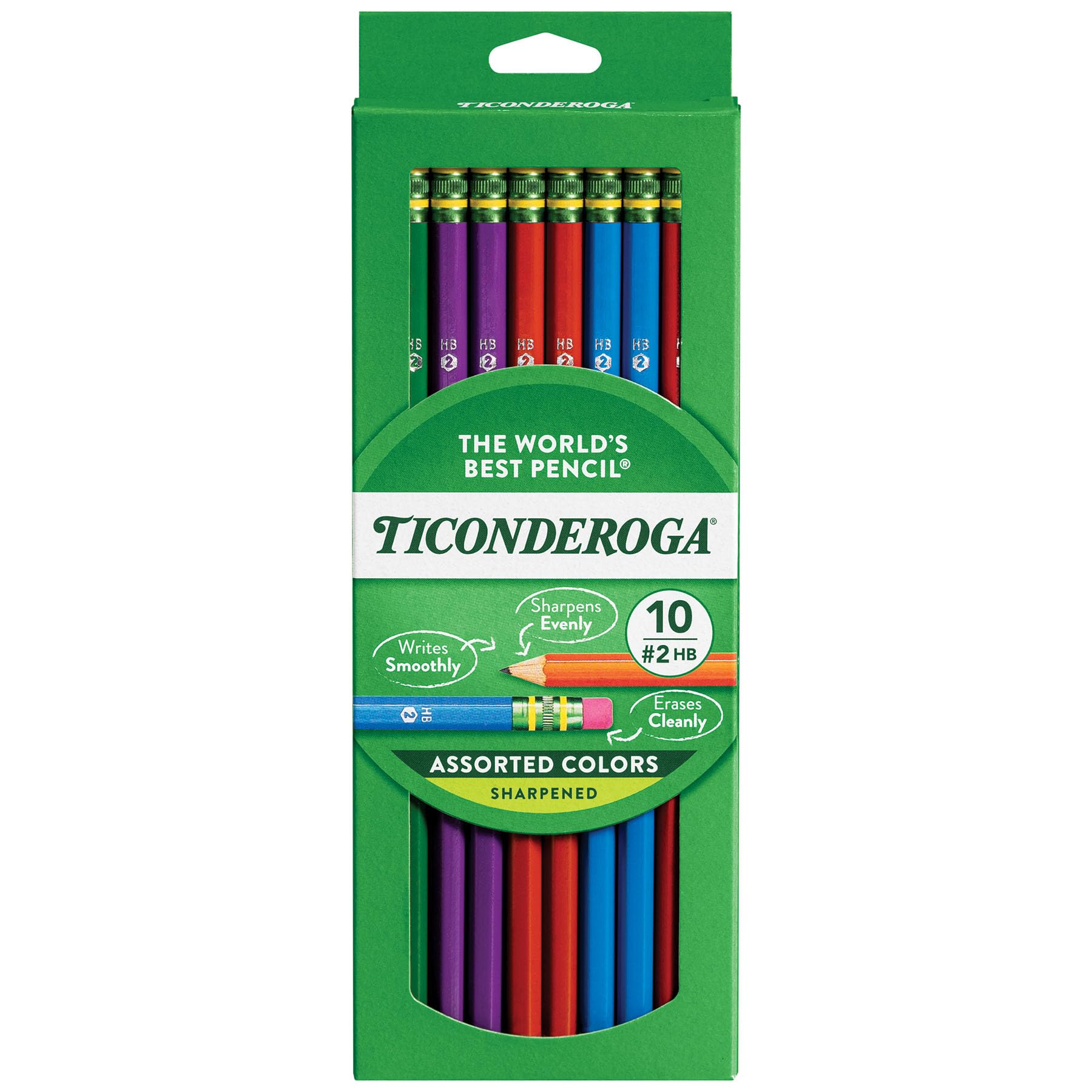 Ticonderoga Pencils, Wood-Cased Graphite, #2 Hb Soft, Pre-Sharpened, Assorted Color Barrels, Black Lead, 10-Pack (13932)