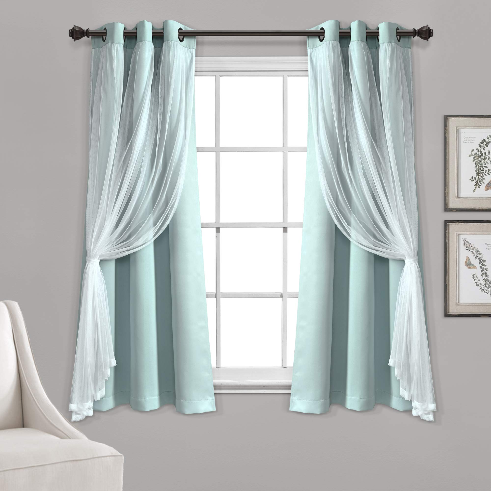 Lush Decor Sheer Grommet Curtains With Insulated Blackout Lining, Window Curtain Panels, Pair, 38''W x 63''L, Blue- Curtain With