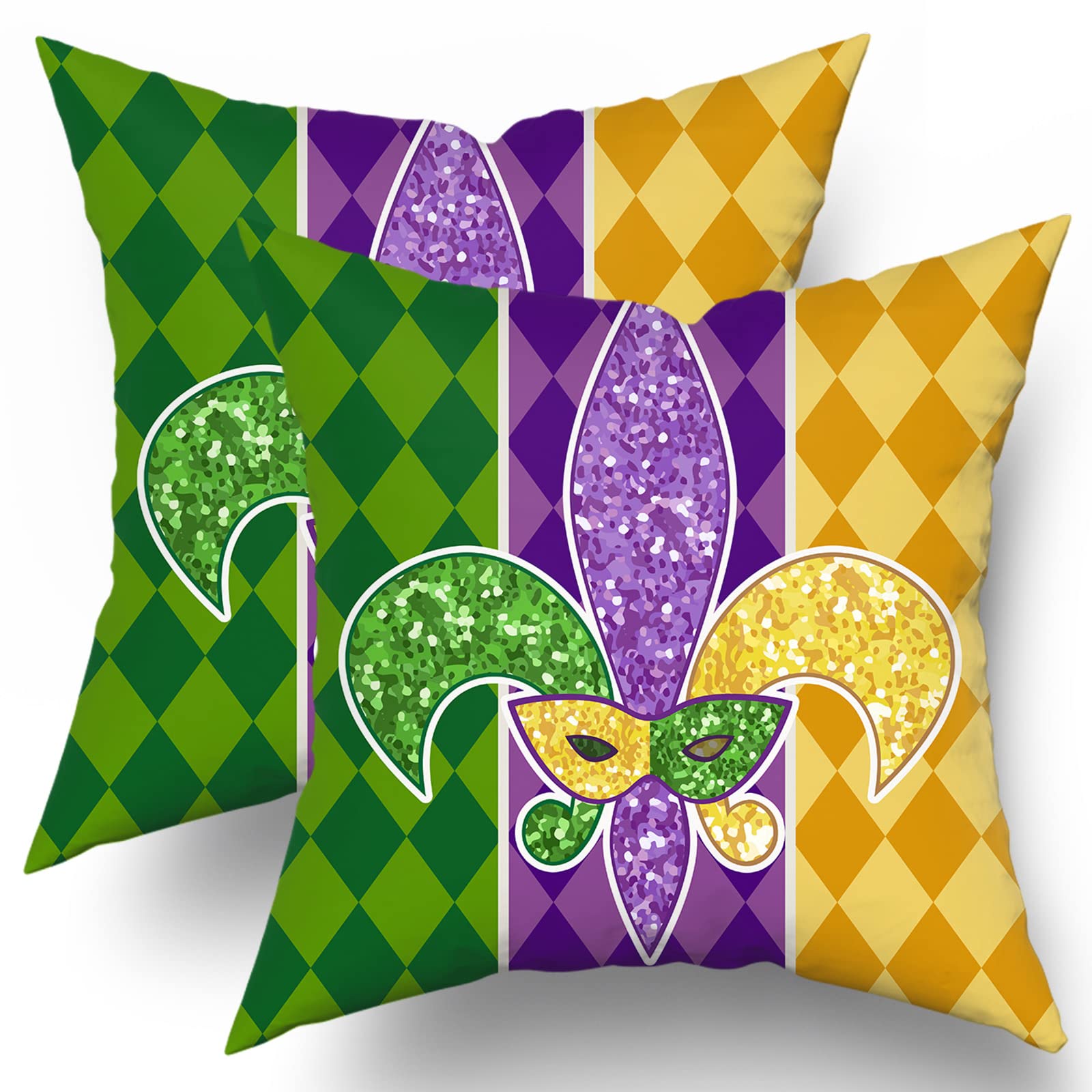 Mardi Gras Pillow Covers 18X18 Inch Masquerade Mask Fleur De Lis Couch Pillow Cases Yellow Purple Green Throw Pillows Set Of 2 H