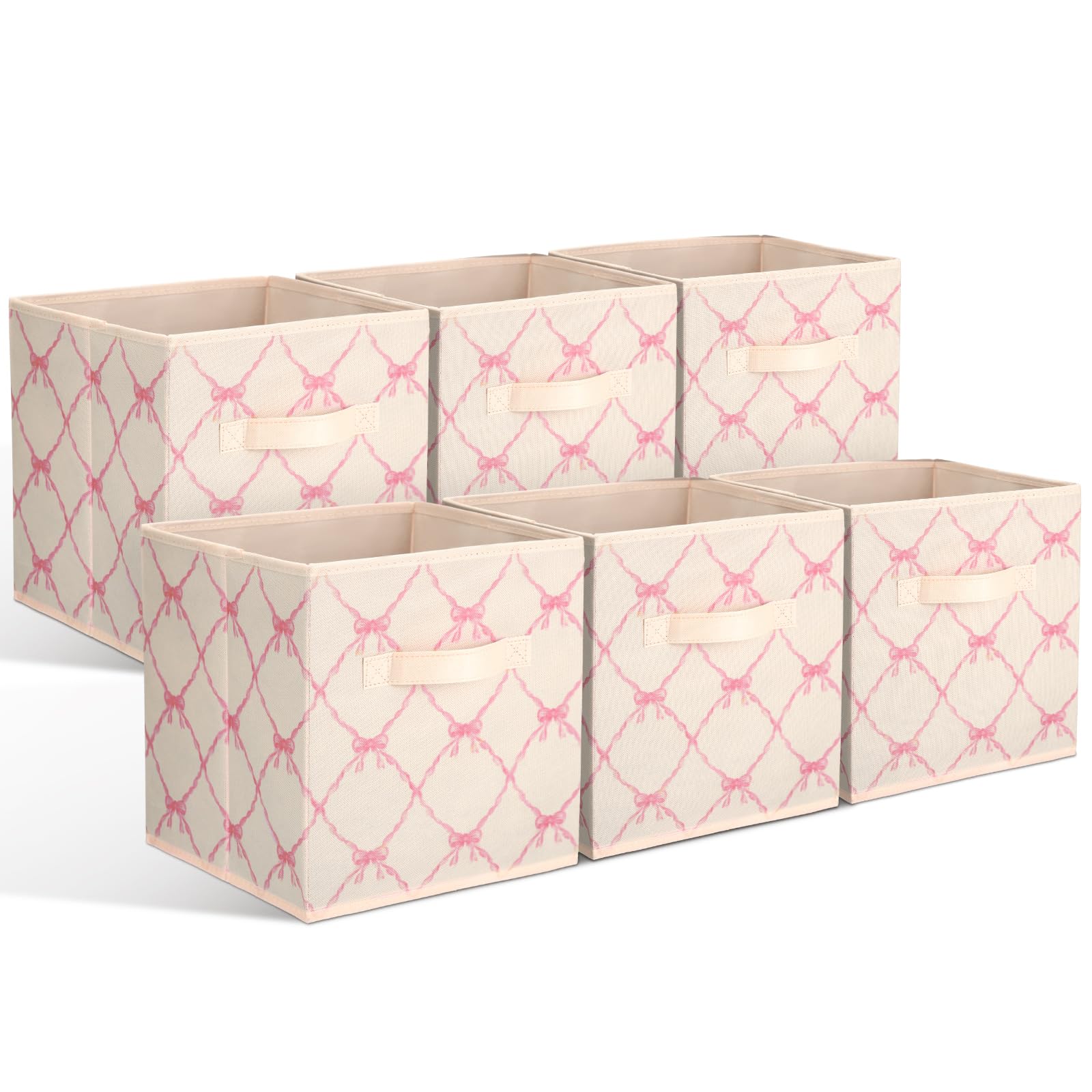 Geelin 6 Pcs Beige Bow Cube Storage Bins 11 Inch Storage Basket with Handle, Preppy Girls Organizer Basket, Collapsible Fabric B