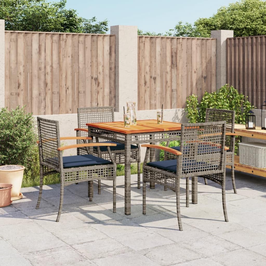 vidaXL Patio Dining Set with Cushions 5-Piece Gray Poly Rattan ?Outdoor/Garden Furniture with Acacia Wood Table, Navy Blue Cushions, Powder-Coated Steel Frame