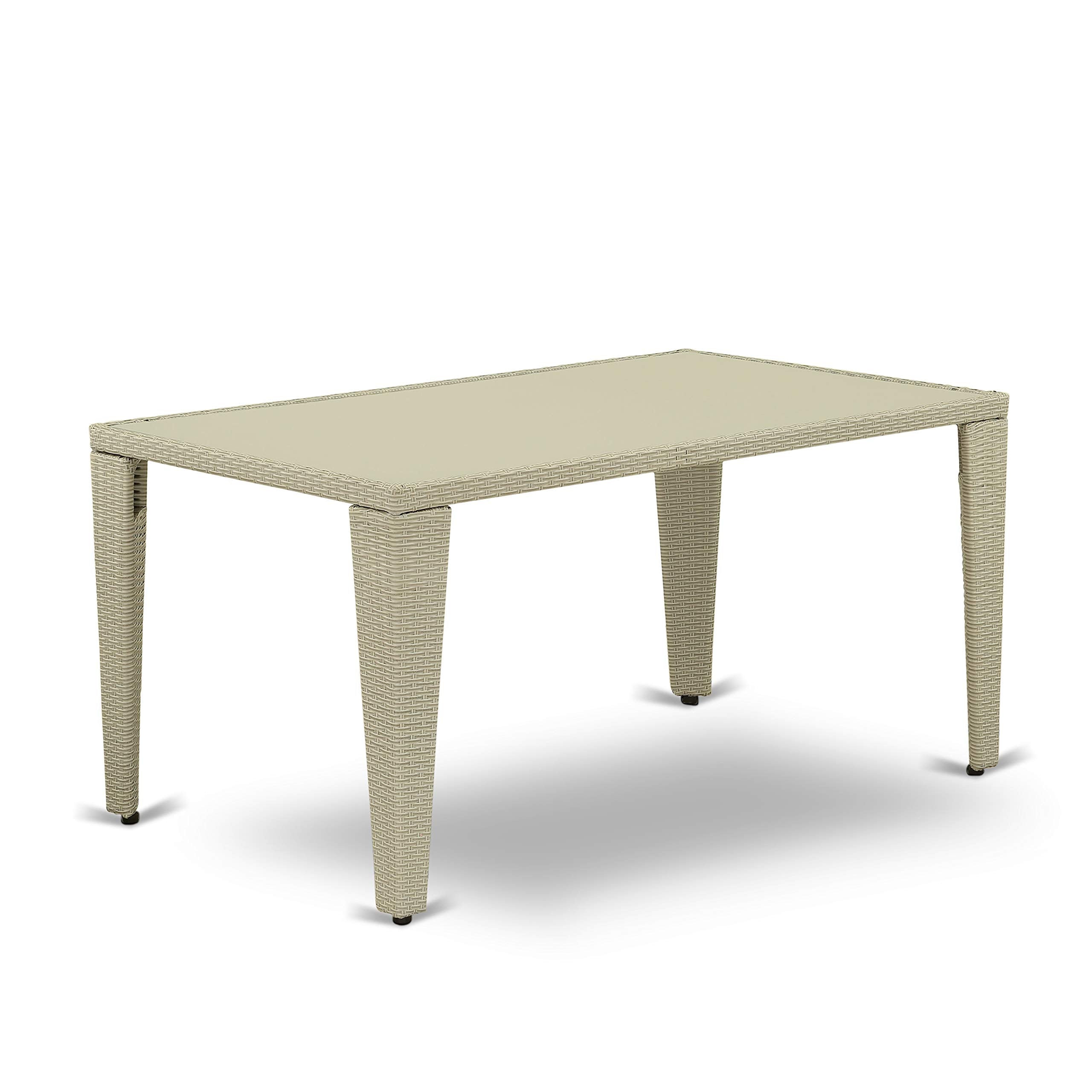 East West Furniture Gubk7-03A Gudhjem 7 Piece Outdoor Patio Conversation Sets Consist Of A Rectangle Wicker Dining Table With Glass Top And 6 Backyard Armchair With Cushion, 36X60 Inch, Natural Linen