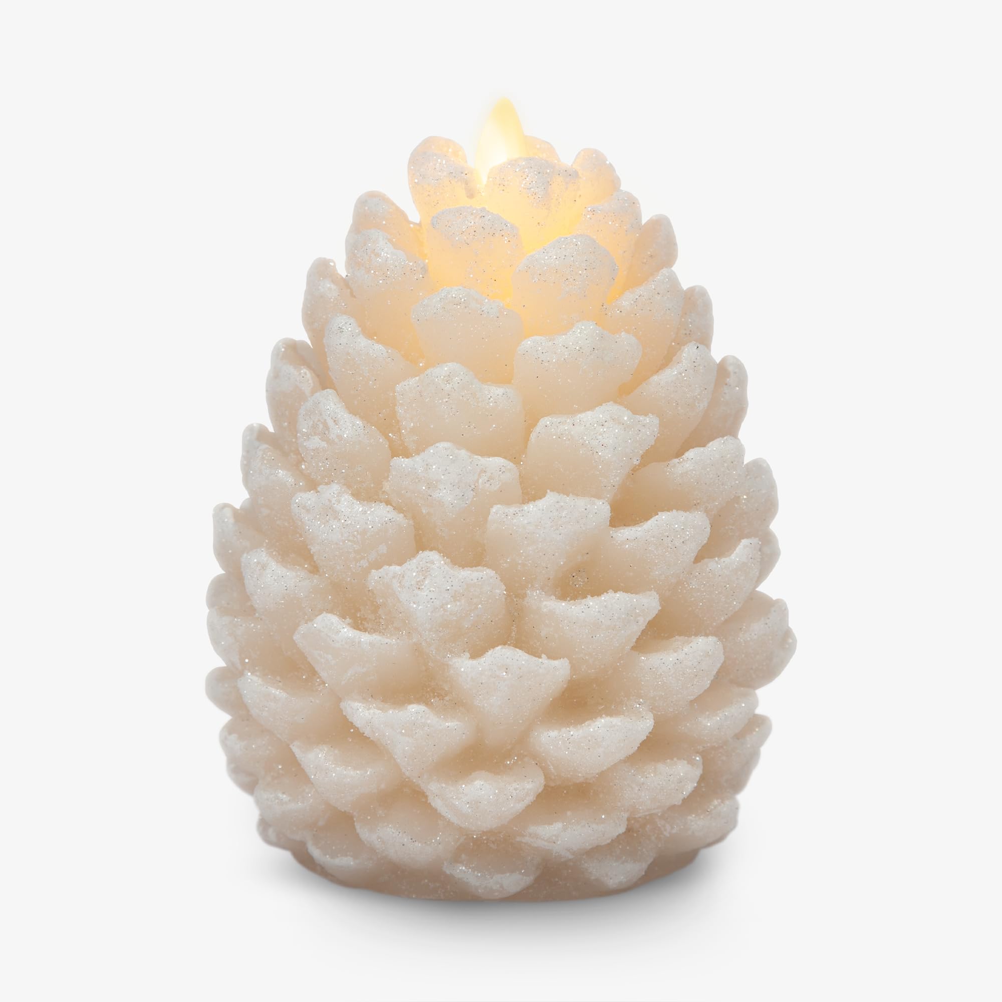 Luminara Pinecone Flameless Candle White Swan Glitter and Snow Finish Pine Cone Figural, Real Wax Unscented LED Candles, Battery